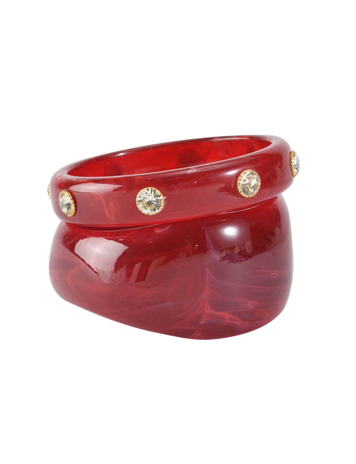 The COLE BANGLE SET - DEEP RED by TIGERMIST features two glossy marbled red acrylic bangles, with the top ring accented by evenly spaced round yellow gemstones for extra flair.