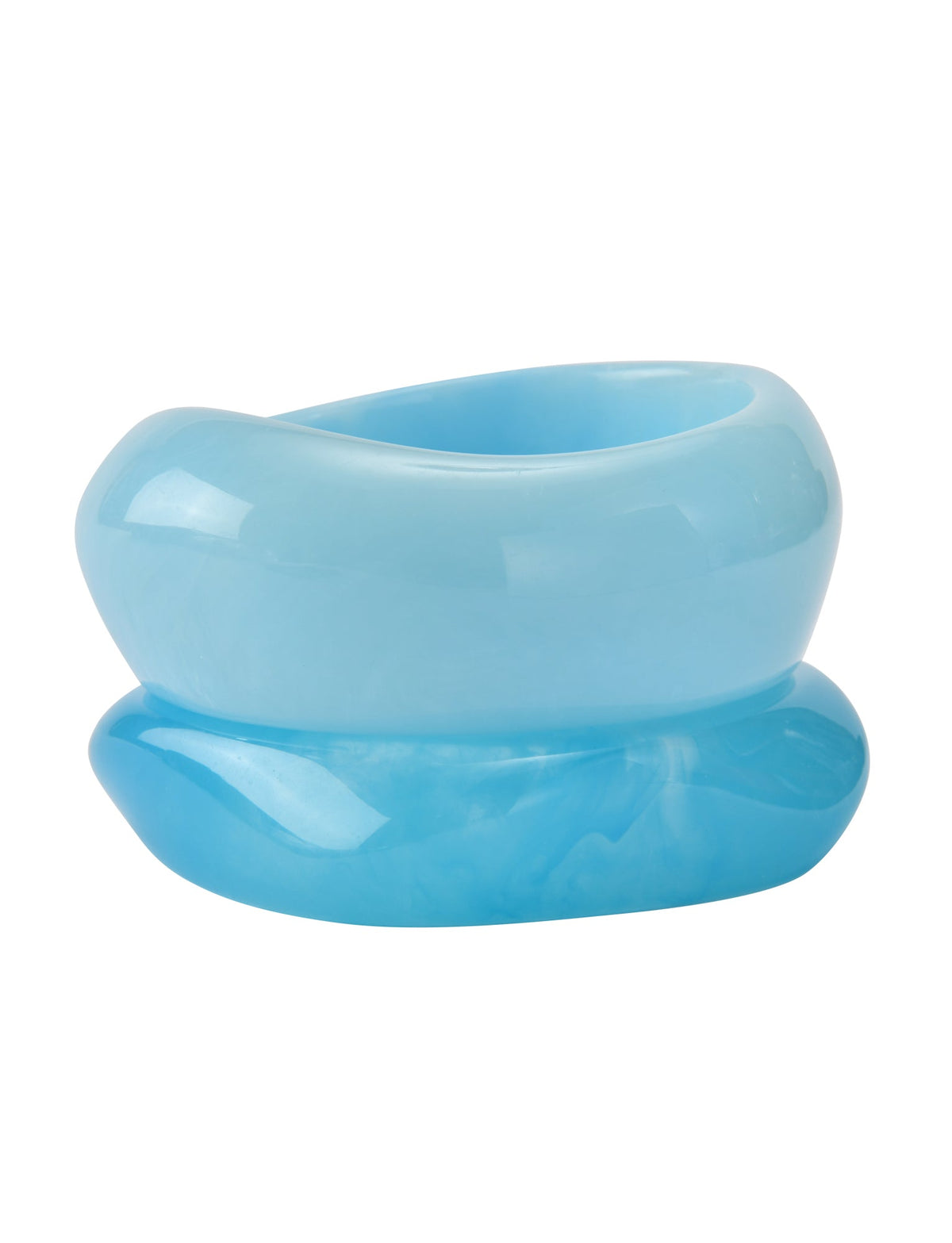 The MIKAH BANGLE SET - AQUA by TIGERMIST features glossy, chunky, organic-shaped acrylic bangles with a wavy marbled pattern in light and deep blue tones.