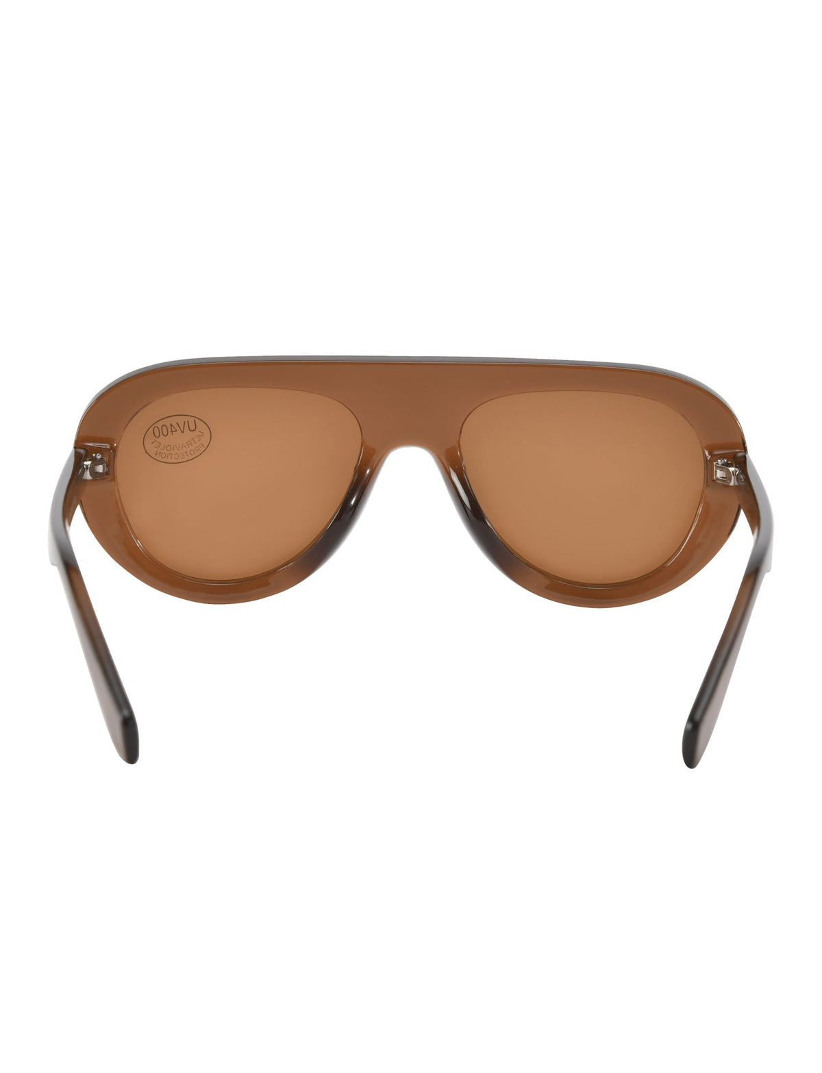 SHEILA SUNGLASSES - BROWN in a brown shield-style with a flat top bar and a UV400 protection sticker on the left lens.