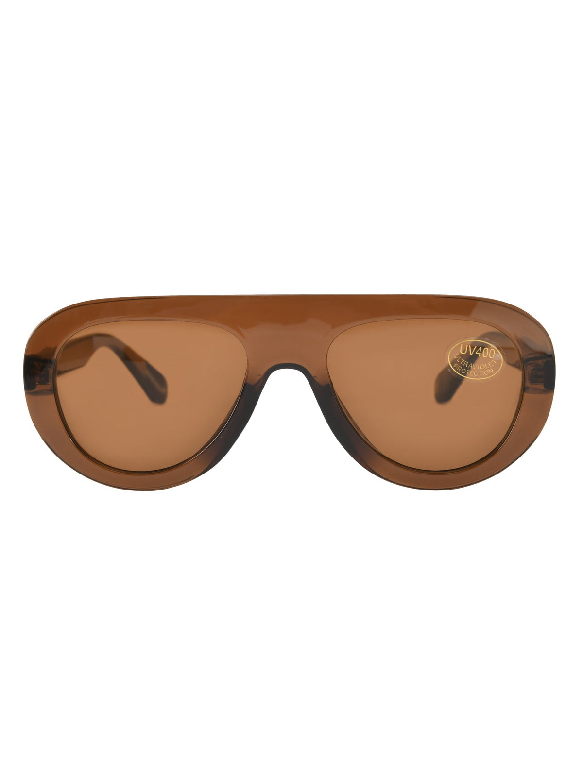 SHEILA SUNGLASSES - BROWN aviator sunglasses with a flat brow bar and a UV400 protection sticker on the lens.