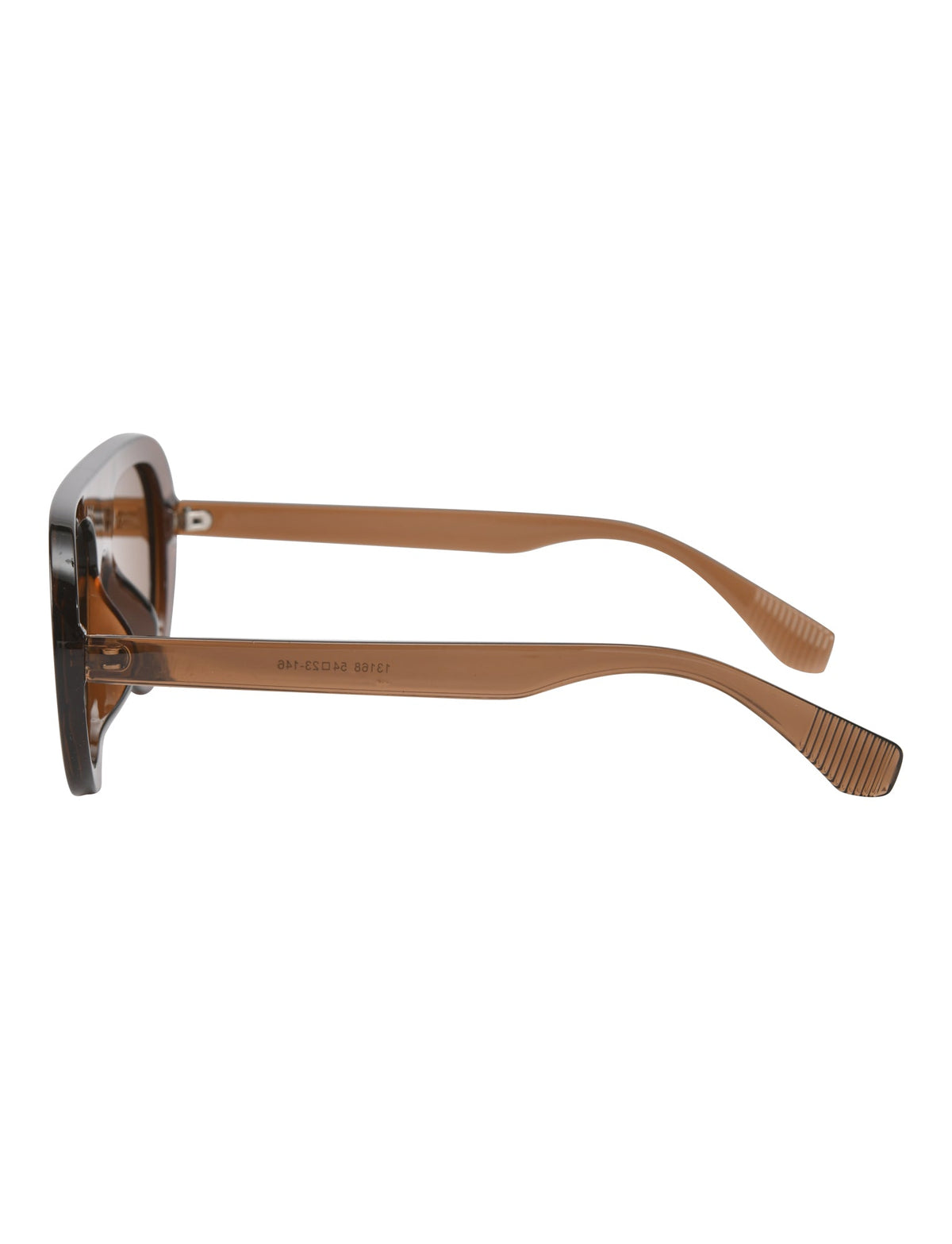 Profile view of SHEILA SUNGLASSES - BROWN, featuring brown aviator sunglasses with a translucent finish and ribbed temple tips.