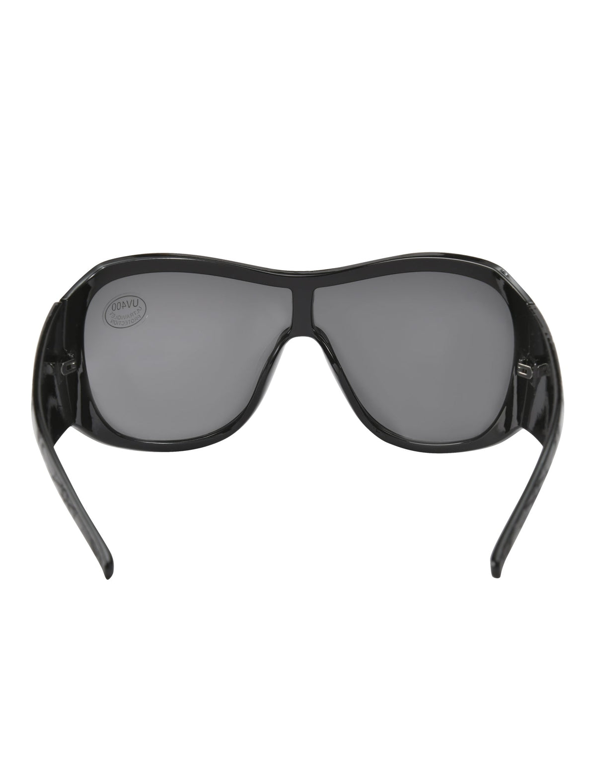 PAULIE FASHION SUNGLASSES - BLACK featuring a black wraparound, extra-wide shield silhouette with dark lenses.