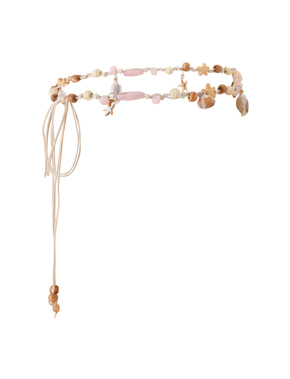 ARIEL BEADED BELT - TAN featuring seashells, starfish charms, and pink stone accents on knotted tan cord, making a stylish faux shell belt for any beach accessory collection.