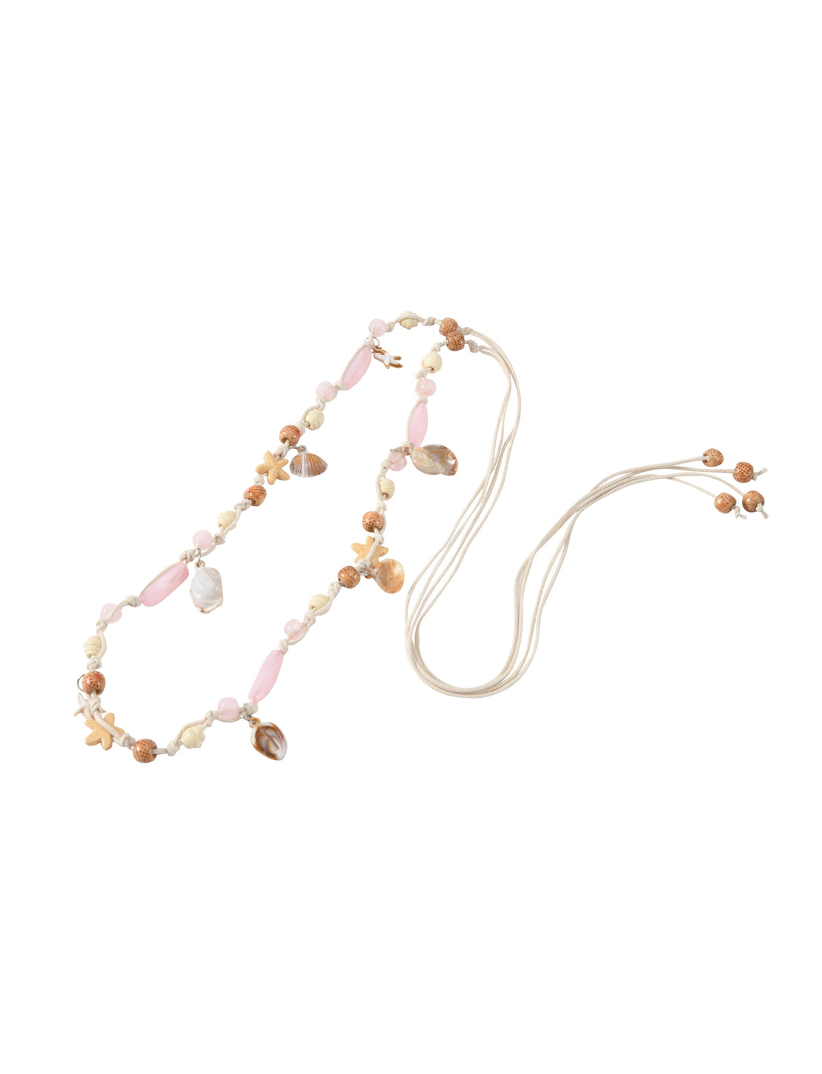 ARIEL BEADED BELT - TAN featuring tan cord, pink and brown beads, seashells, and starfish charms in a faux shell belt design.