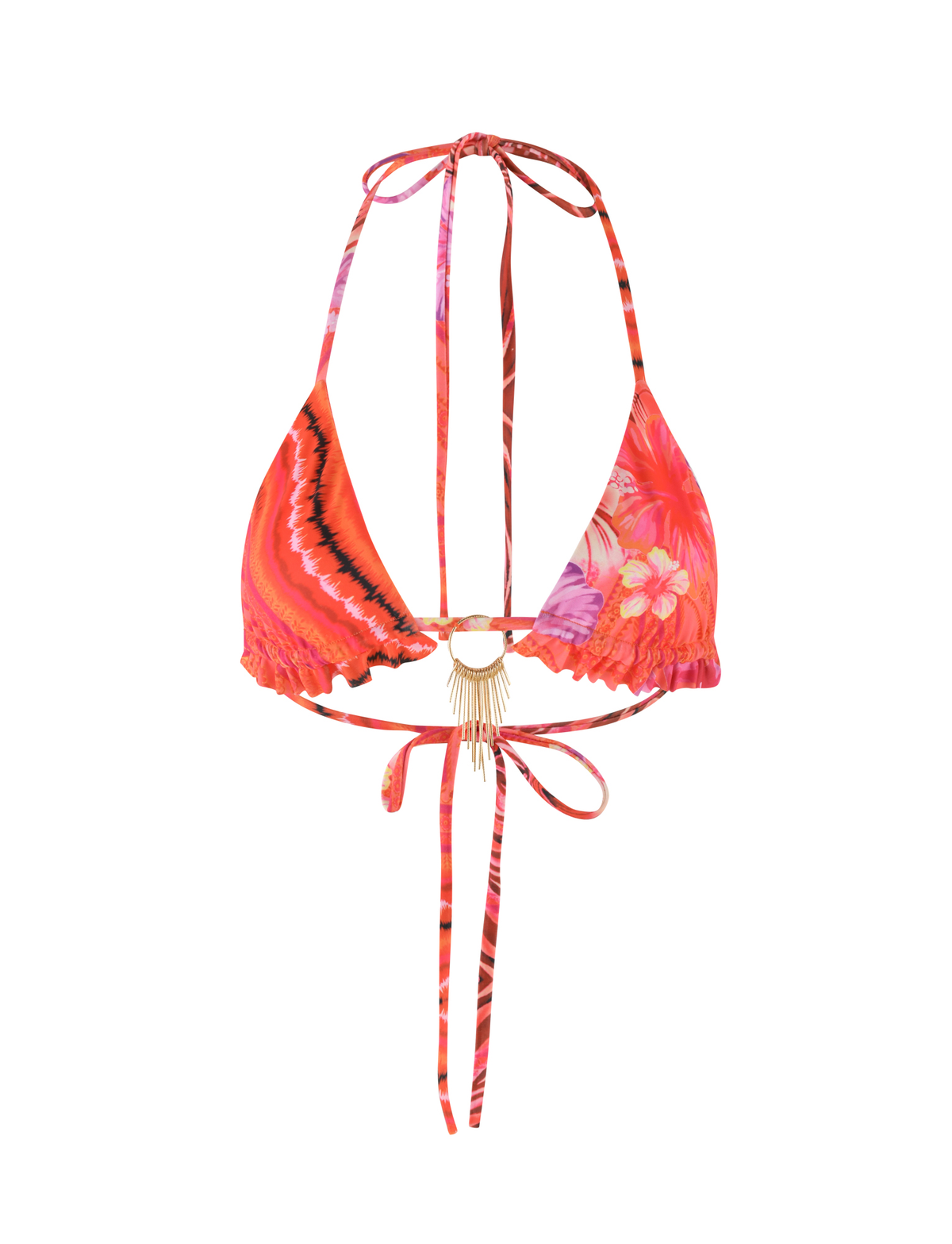 The CIANA BIKINI TOP by TIGERMIST features a pink tropical floral print, halter neck, back ties, gold center embellishment, and fringe detail.