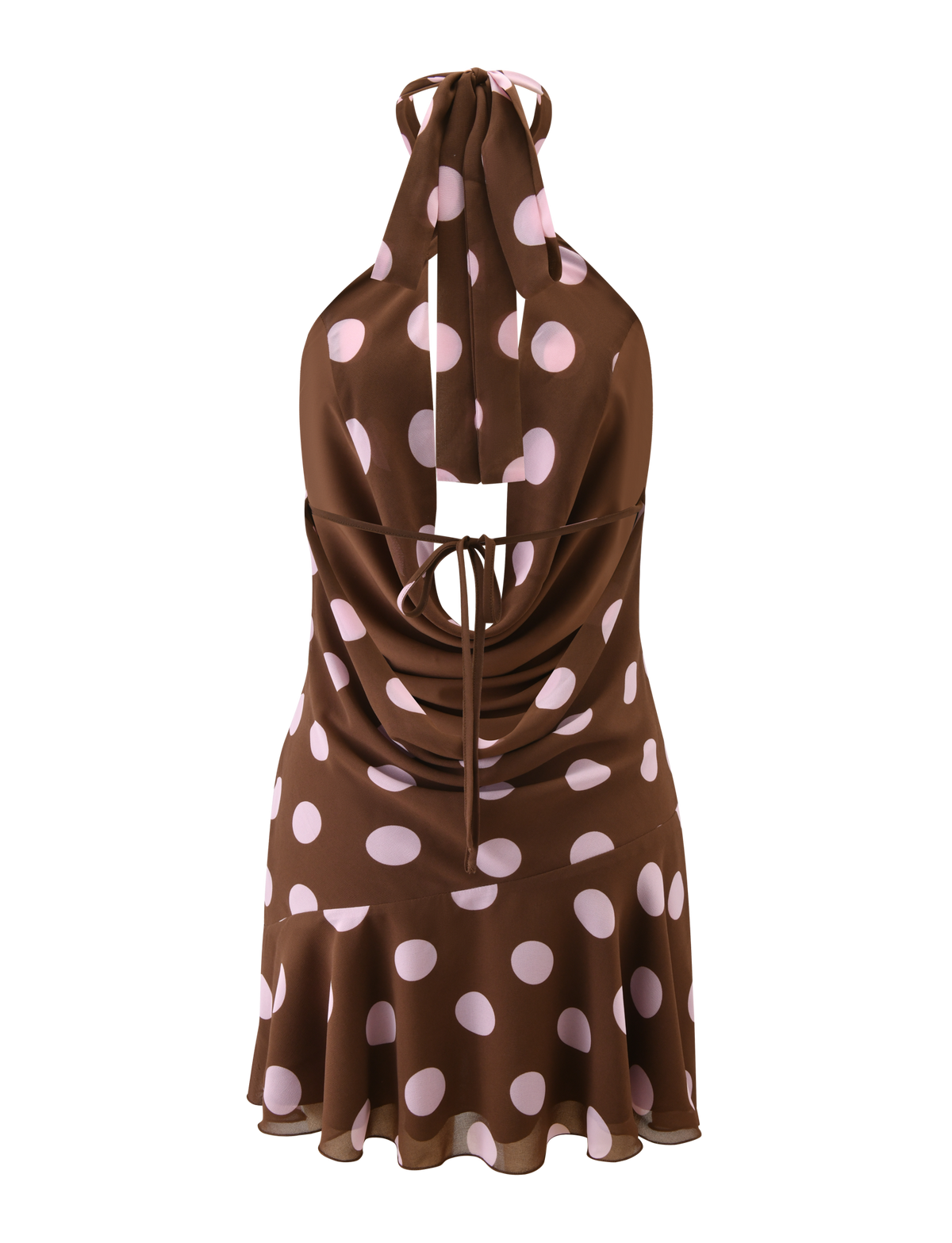 The ZYLA MINI DRESS by TIGERMIST features a brown base with large pink polka dots, a cowl halter neck, open draped back with tie detail, and flared hem, shown on a plain white background.