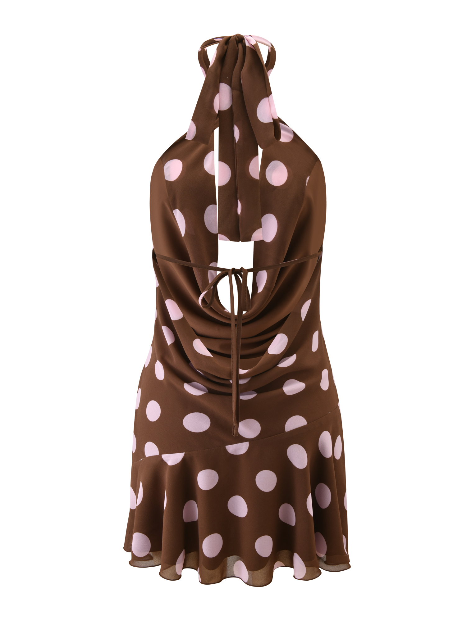 The ZYLA MINI DRESS by TIGERMIST features a brown base with large pink polka dots, a cowl halter neck, open draped back with tie detail, and flared hem, shown on a plain white background.