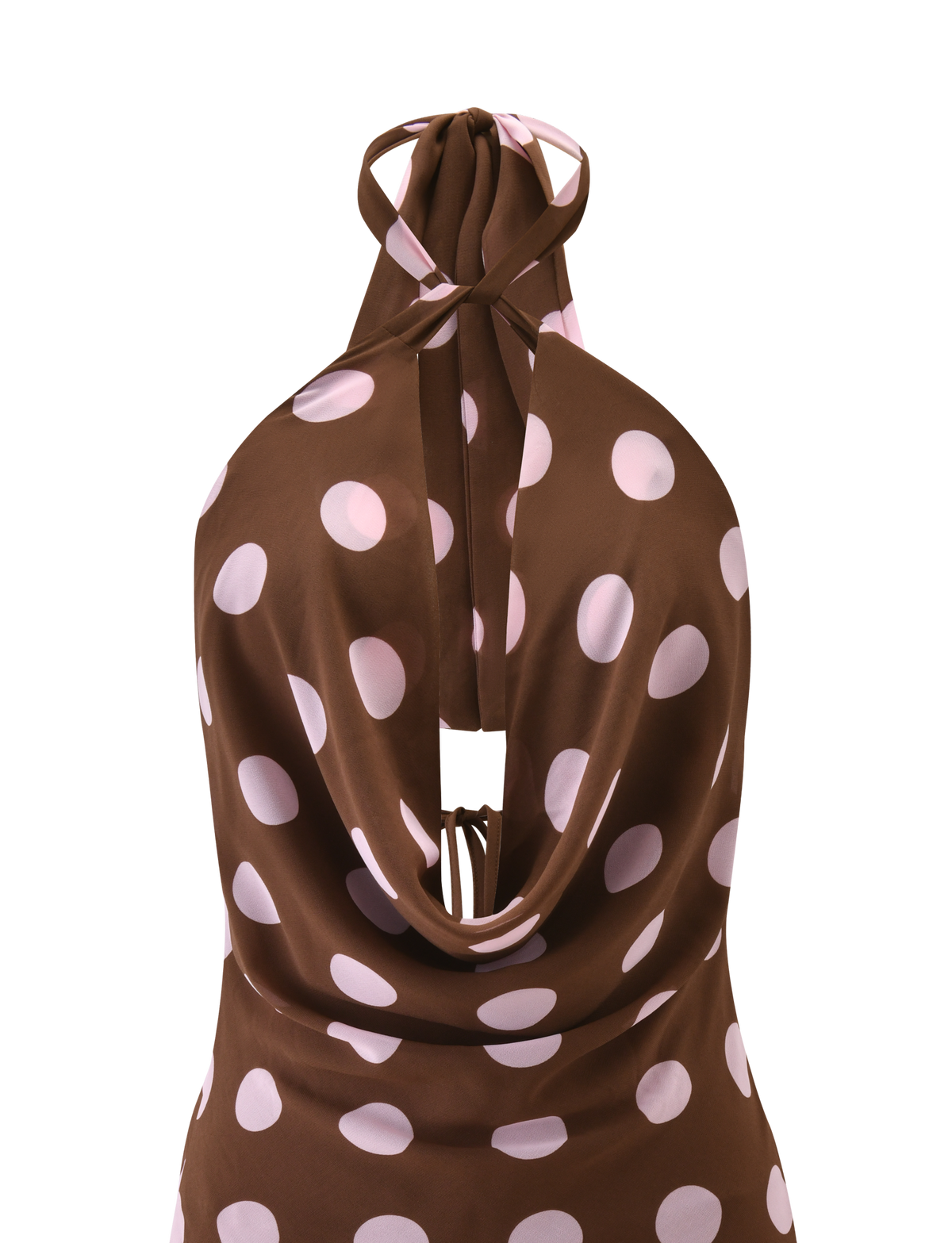 The TIGERMIST ZYLA MINI DRESS in brown with large pink dots features a draped cowl back and thin crisscross straps tied at the neck, giving it an open-back look.