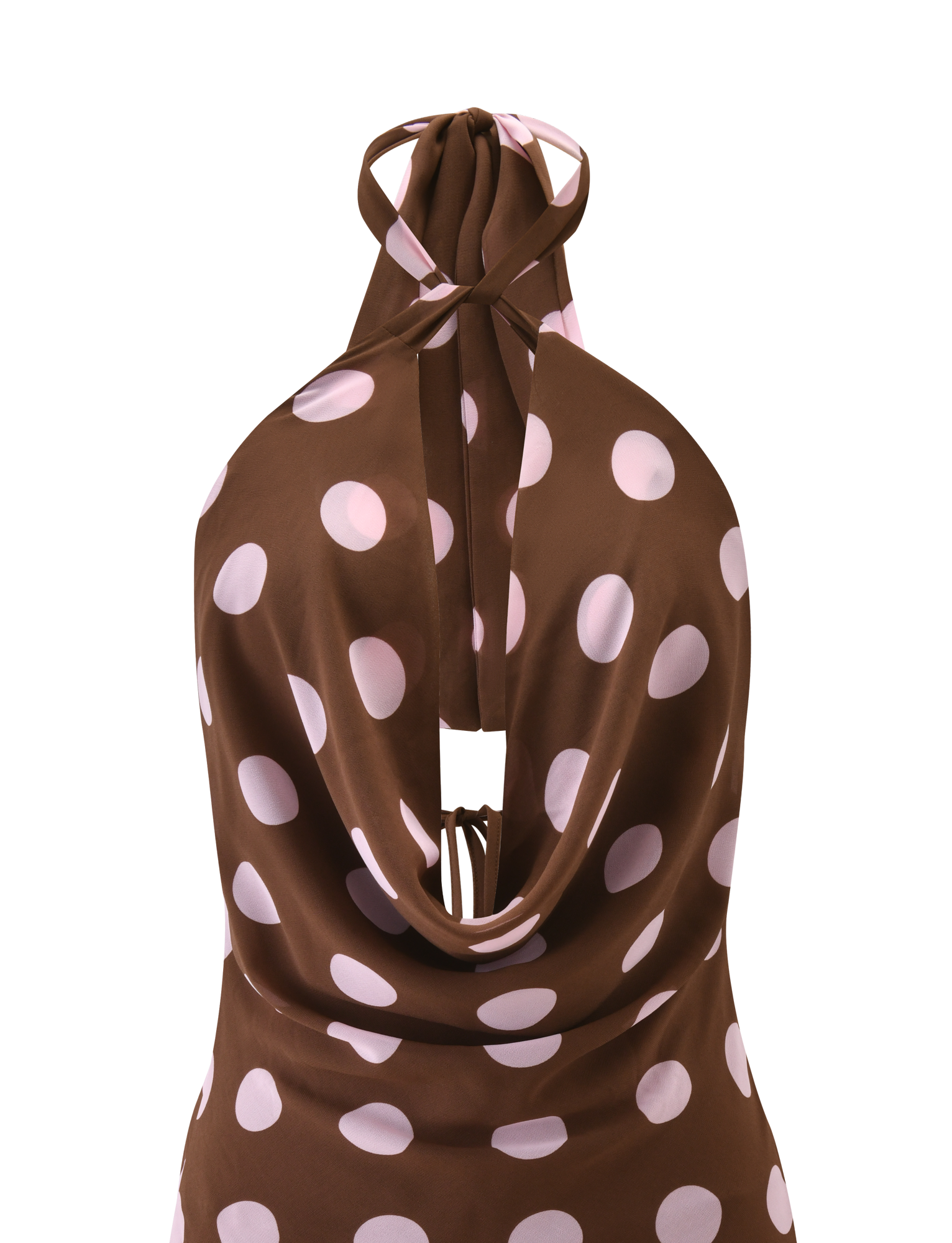 The TIGERMIST ZYLA MINI DRESS in brown with large pink dots features a draped cowl back and thin crisscross straps tied at the neck, giving it an open-back look.