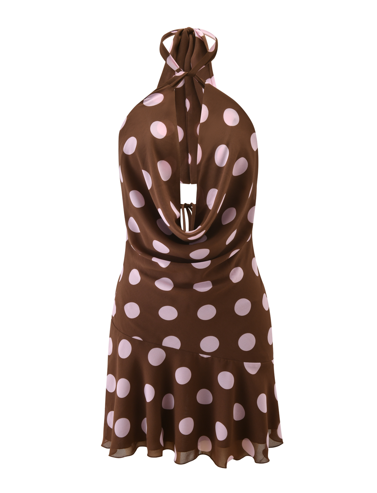 The ZYLA MINI DRESS by TIGERMIST features a brown base with pink dots in a stylish mini silhouette.
