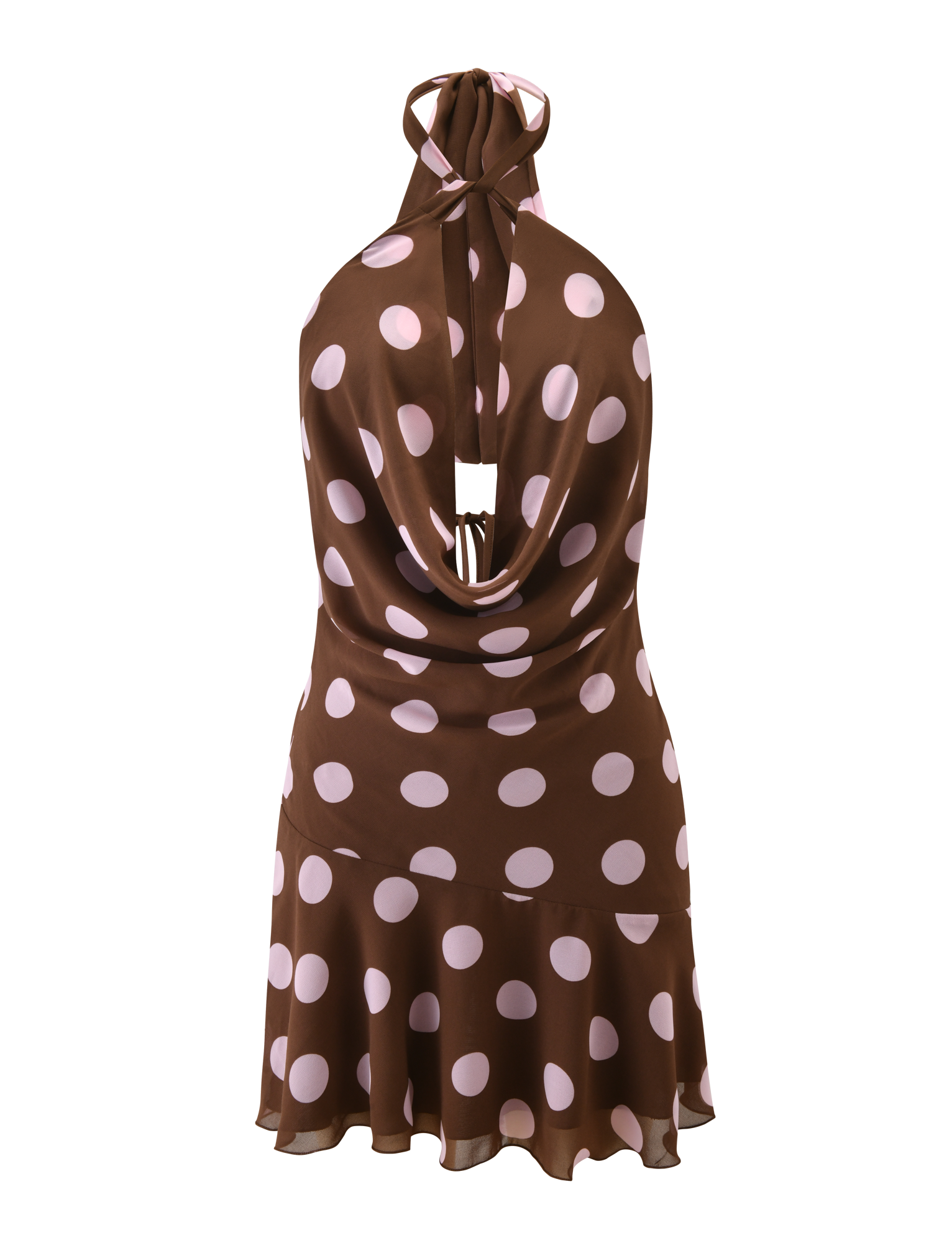 The ZYLA MINI DRESS by TIGERMIST features a brown base with pink dots in a stylish mini silhouette.