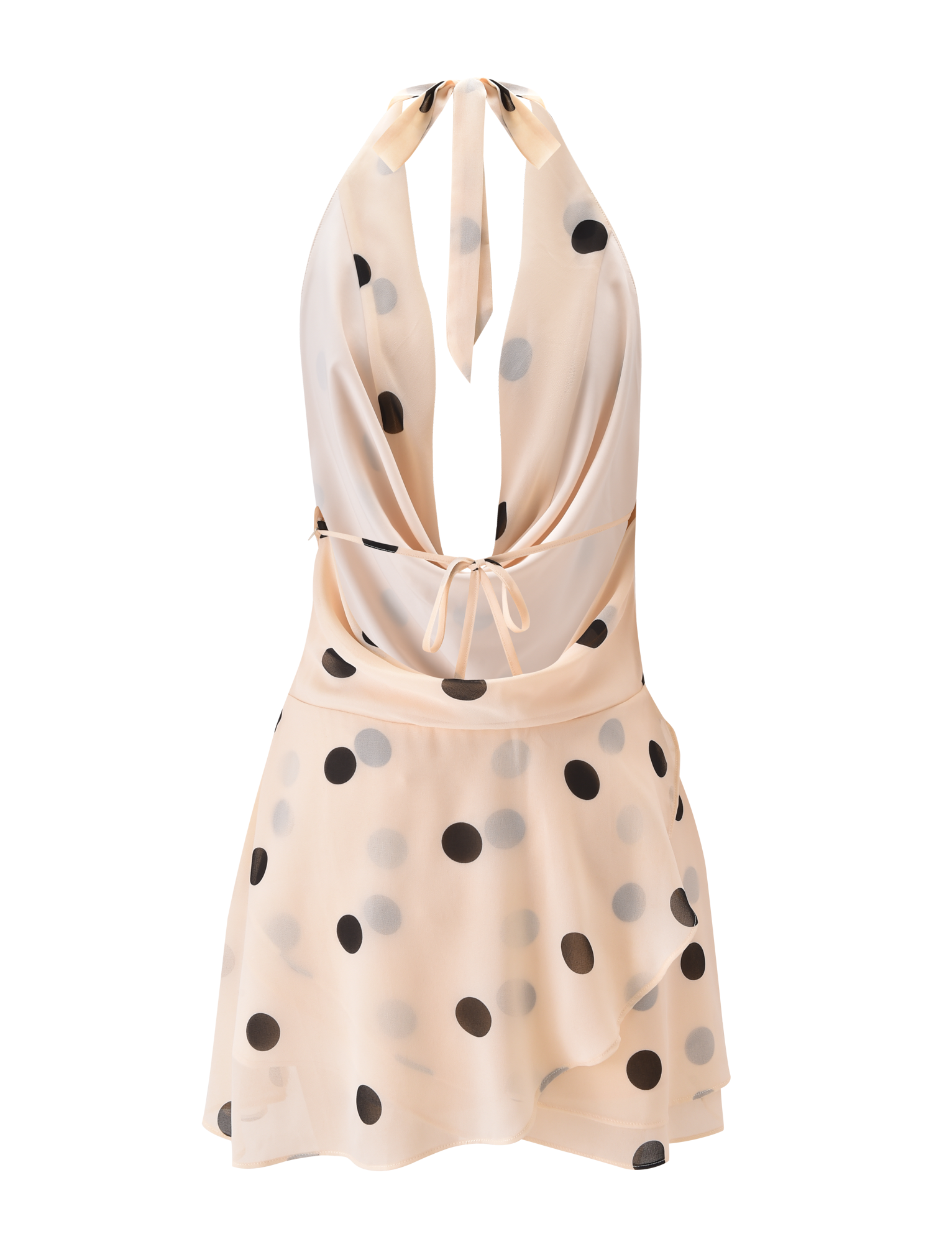 The LATHAN MINI DRESS by TIGERMIST is a sleeveless, cream chiffon halter mini dress with polka dots, a deep plunging neckline, tie at the neck, and a flowing, slightly flared skirt for a playful yet elegant style.