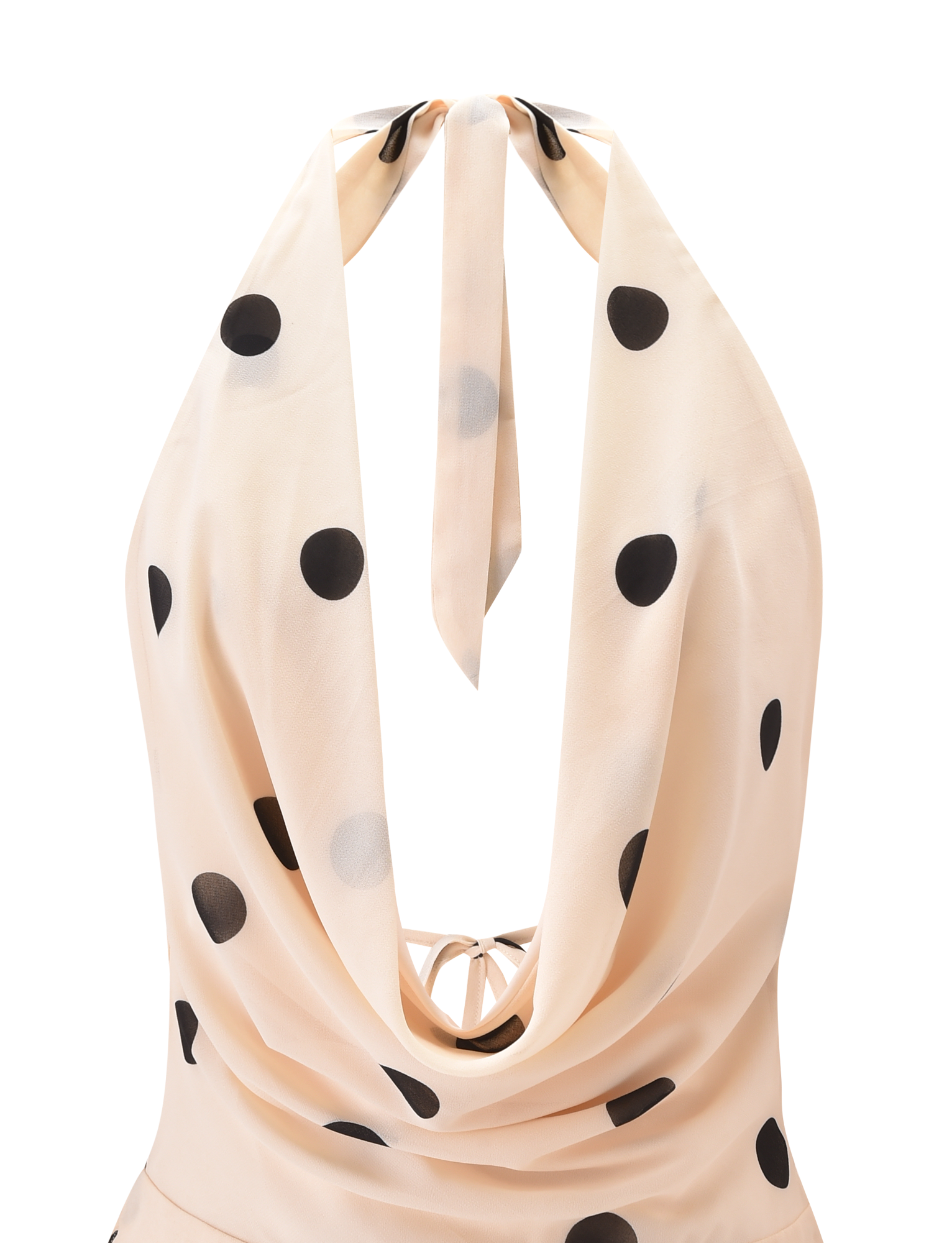 The LATHAN MINI DRESS - CREAM by TIGERMIST is a chic chiffon halter mini with large black polka dots, a dramatic draped cowl back, and neck tie straps—playful elegance in light beige.