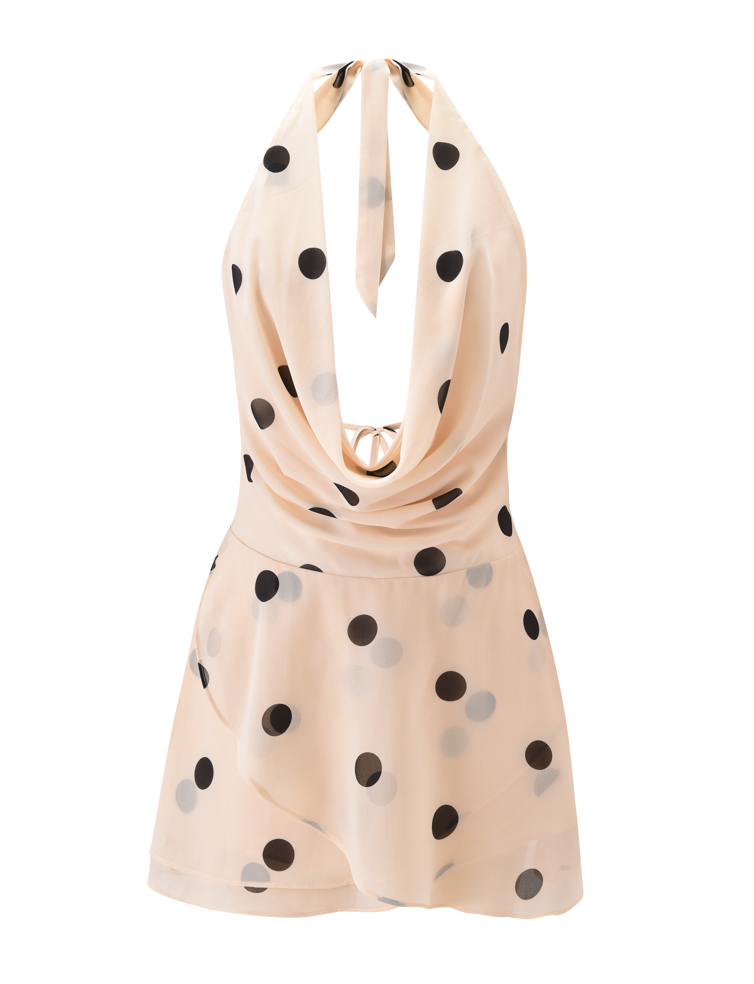 The LATHAN MINI DRESS by TIGERMIST features a sleeveless cream chiffon design with black polka dots, a cowl neckline, tiered flounce skirt, and halter tie for a chic, playful look.
