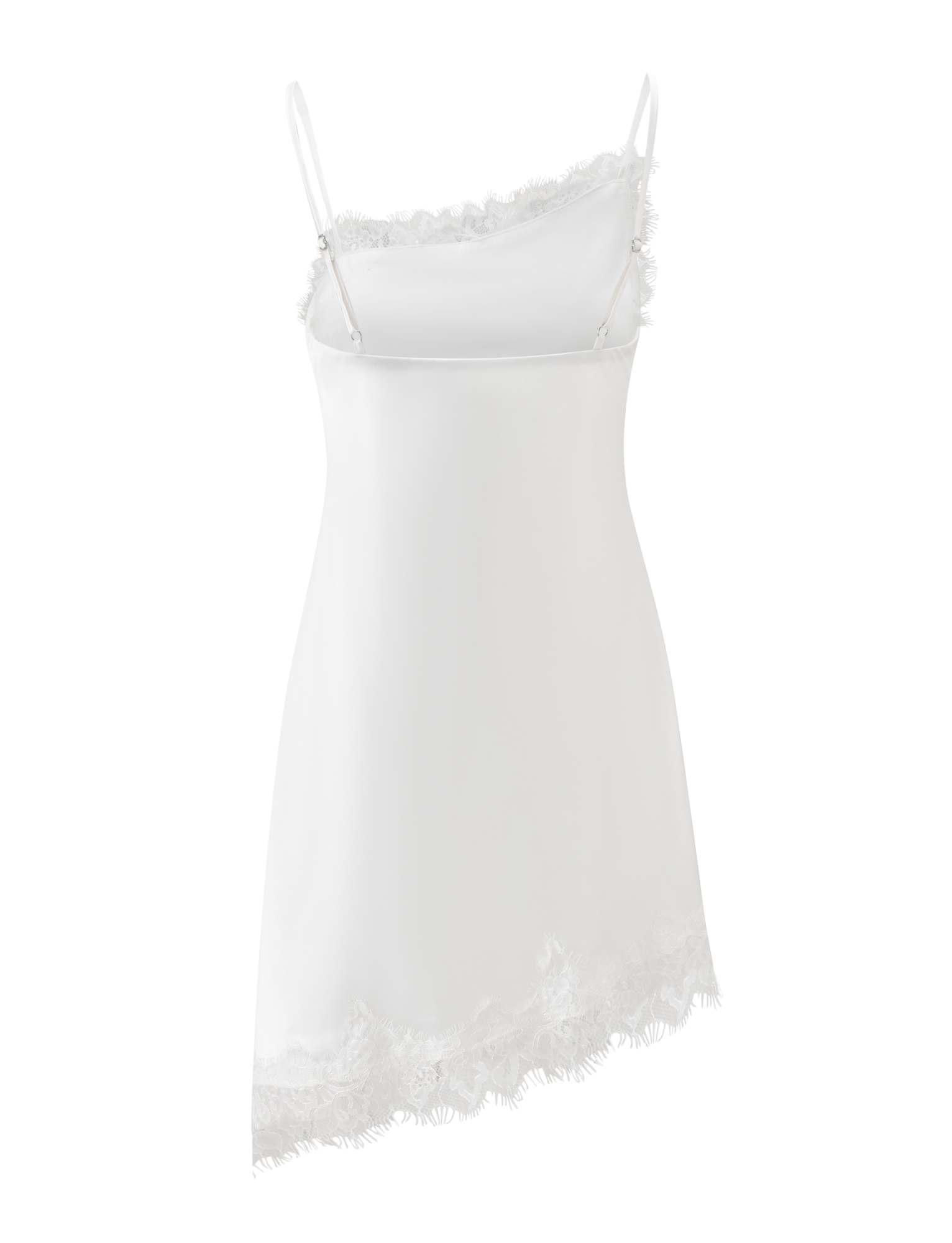 The ILARIA MINI DRESS by TIGERMIST features ivory satin, thin spaghetti straps, and scalloped lace trim along the asymmetrical hem and neckline, shown on a plain white background.