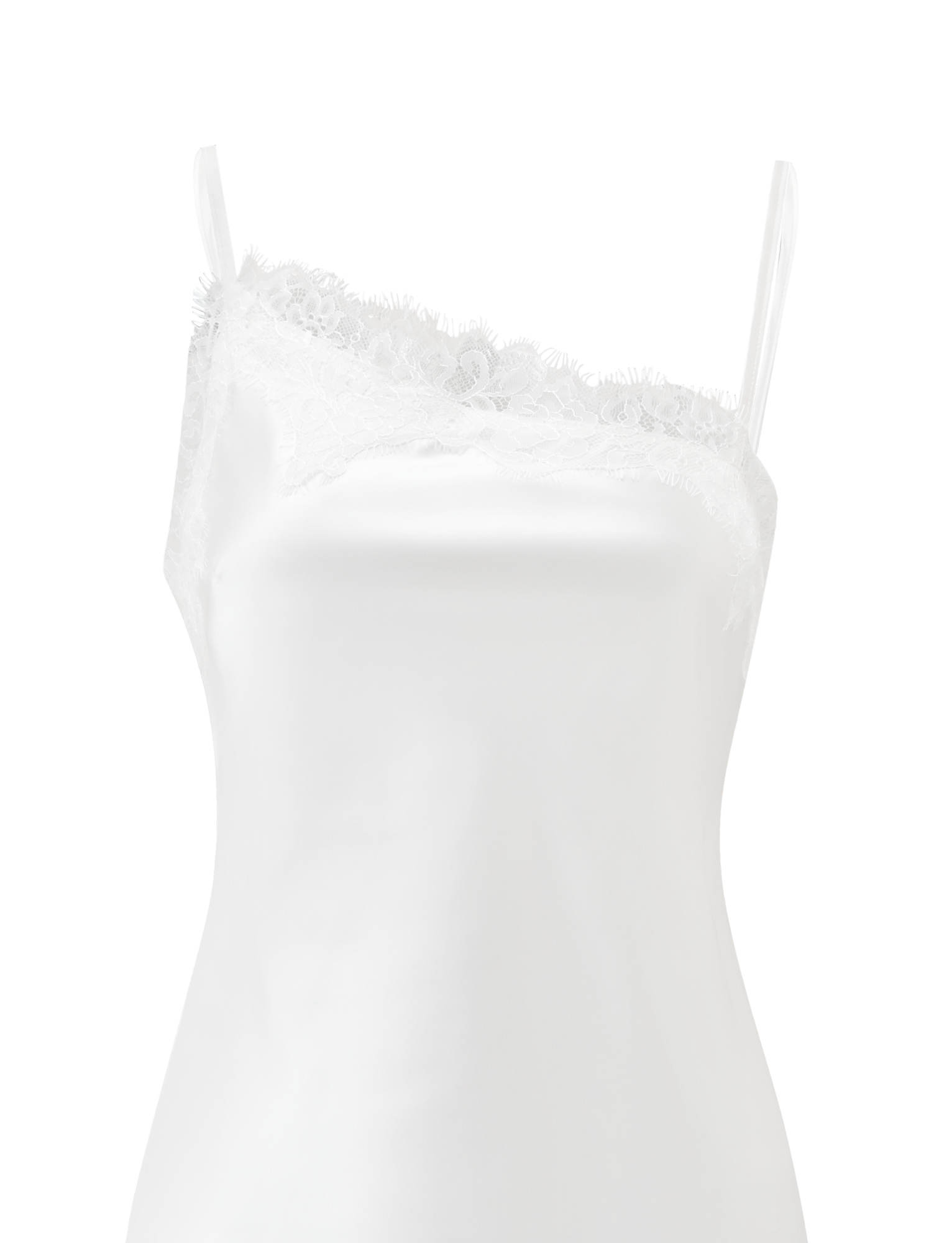 The ILARIA MINI DRESS - IVORY by TIGERMIST features thin spaghetti straps and a scalloped lace trim along the asymmetrical neckline, crafted in white satin and showcased on a plain white background.