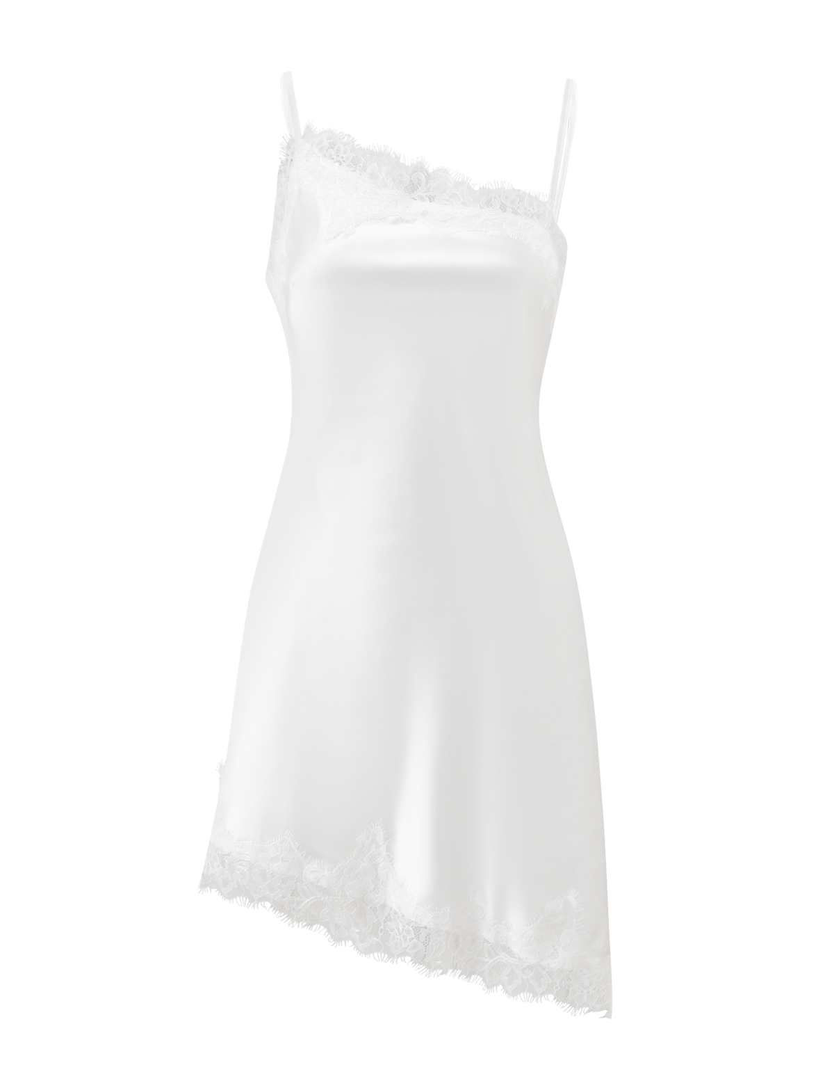The ILARIA MINI DRESS - IVORY by TIGERMIST is a white satin mini dress with an asymmetrical hem, thin straps, and scalloped lace trim, showcasing a smooth, elegant look against a plain white background.