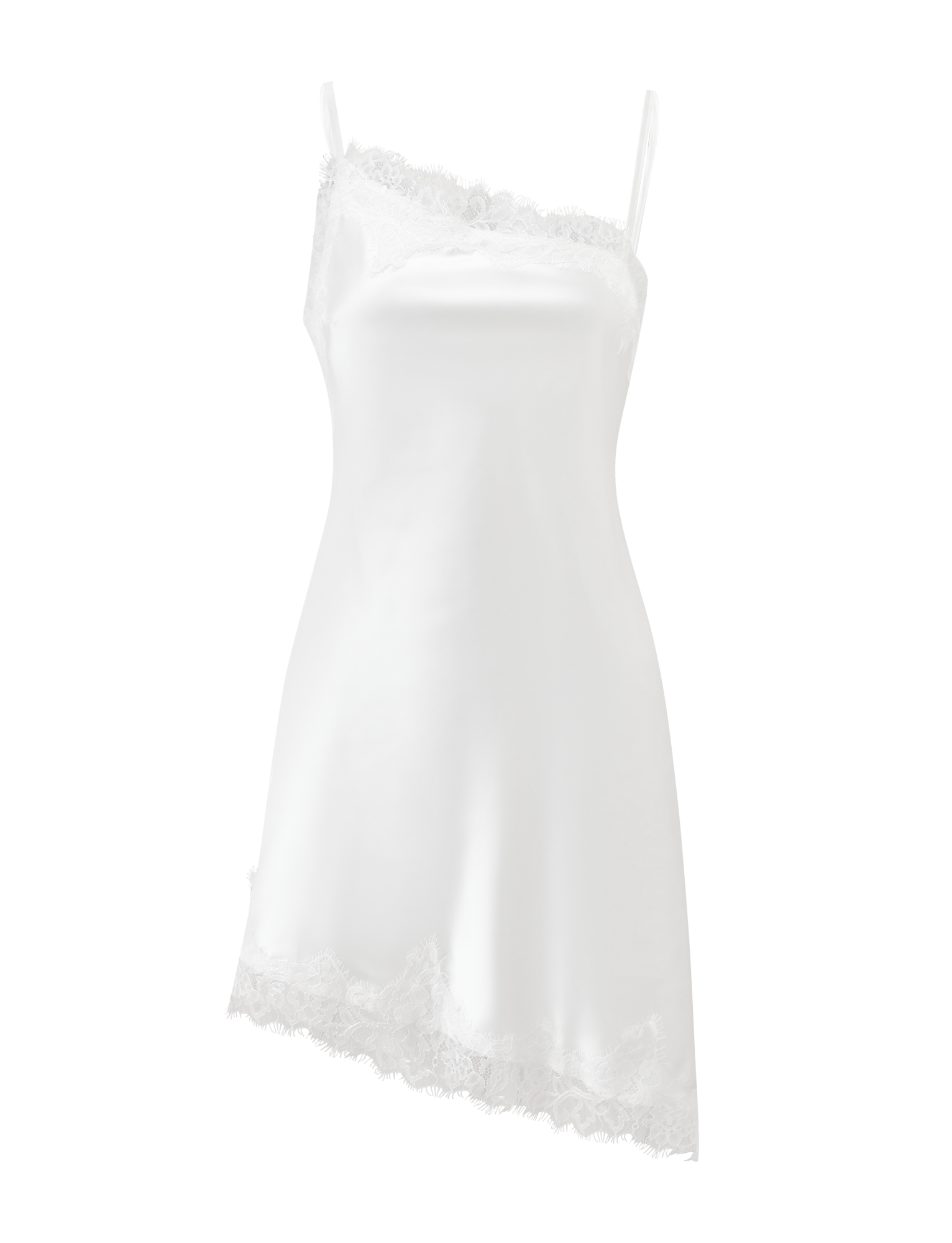 The ILARIA MINI DRESS - IVORY by TIGERMIST is a white satin mini dress with an asymmetrical hem, thin straps, and scalloped lace trim, showcasing a smooth, elegant look against a plain white background.