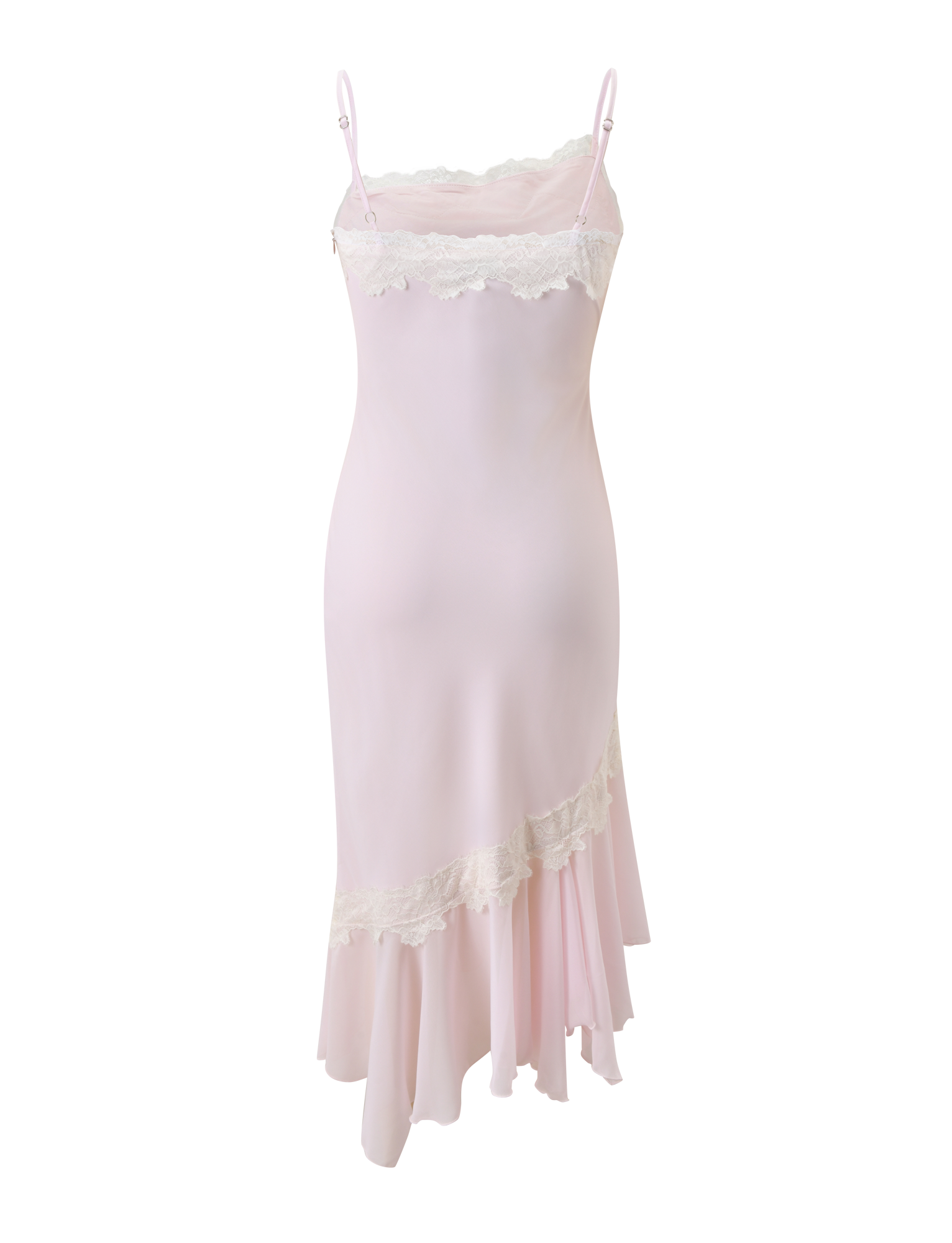The LORIA MIDI DRESS - PINK by TIGERMIST is a light pink chiffon dress with white lace trim on the neckline and hem, an asymmetrical ruffled hemline, shown against a plain white background.