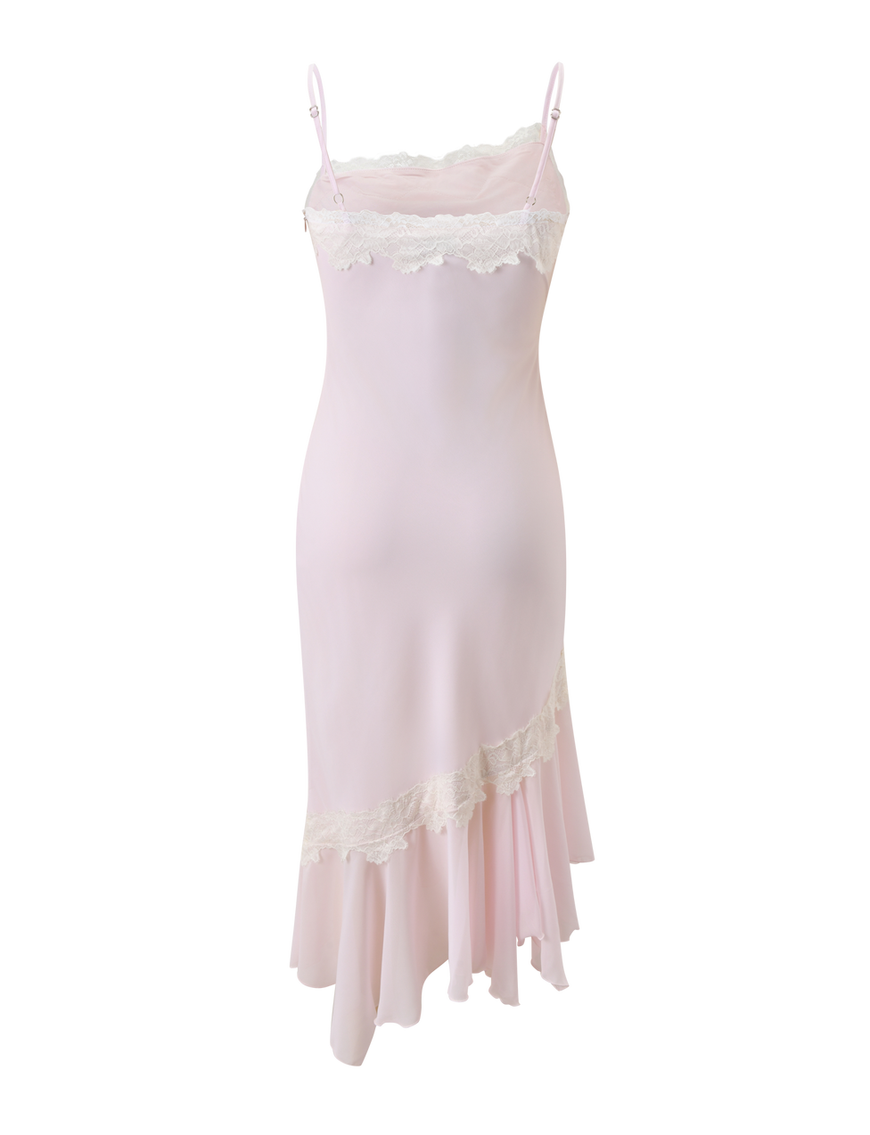 The LORIA MIDI DRESS - PINK by TIGERMIST is a light pink chiffon dress with white lace trim on the neckline and hem, an asymmetrical ruffled hemline, shown against a plain white background.