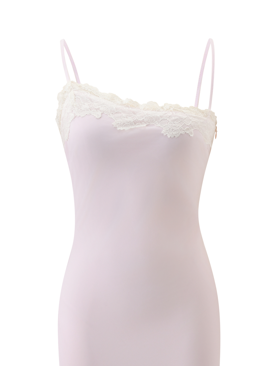 The LORIA MIDI DRESS by TIGERMIST is a light pink chiffon midi dress with thin straps and delicate lace trim at the neckline, showcasing a graceful silhouette, displayed against a plain white background.