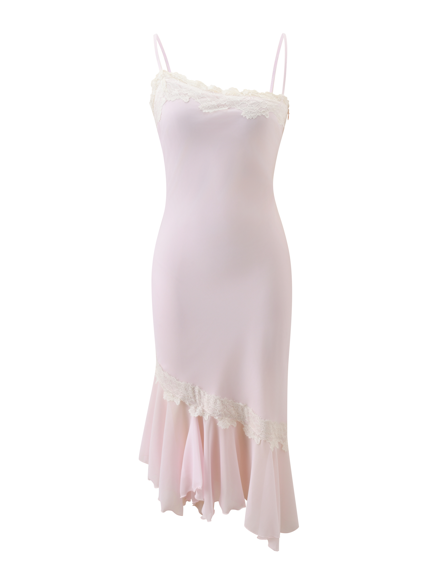 The LORIA MIDI DRESS by TIGERMIST features light pink chiffon, thin straps, lace trim at the neckline and hem, and an asymmetrical ruffled skirt for a soft mermaid silhouette.