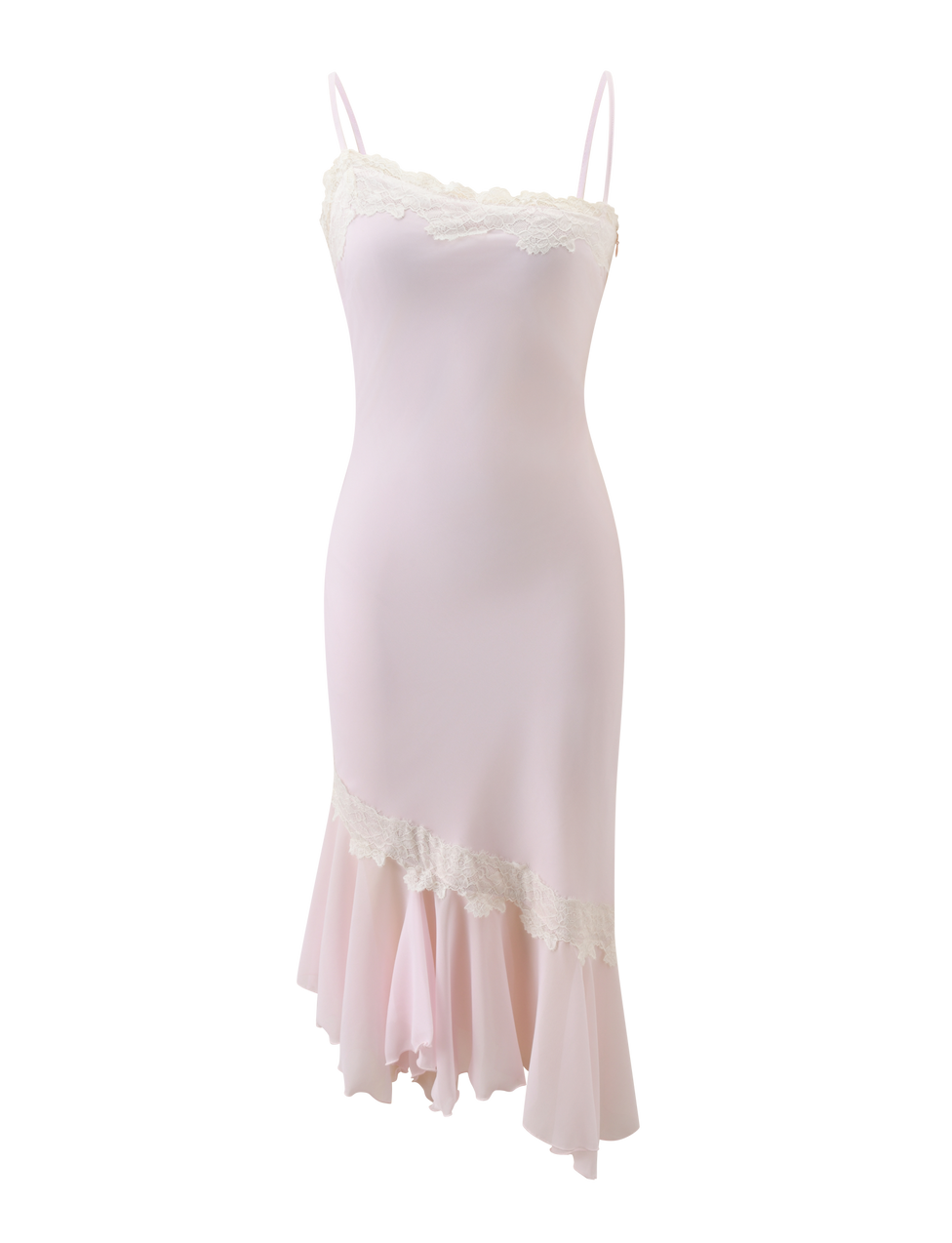 The LORIA MIDI DRESS by TIGERMIST features light pink chiffon, thin straps, lace trim at the neckline and hem, and an asymmetrical ruffled skirt for a soft mermaid silhouette.