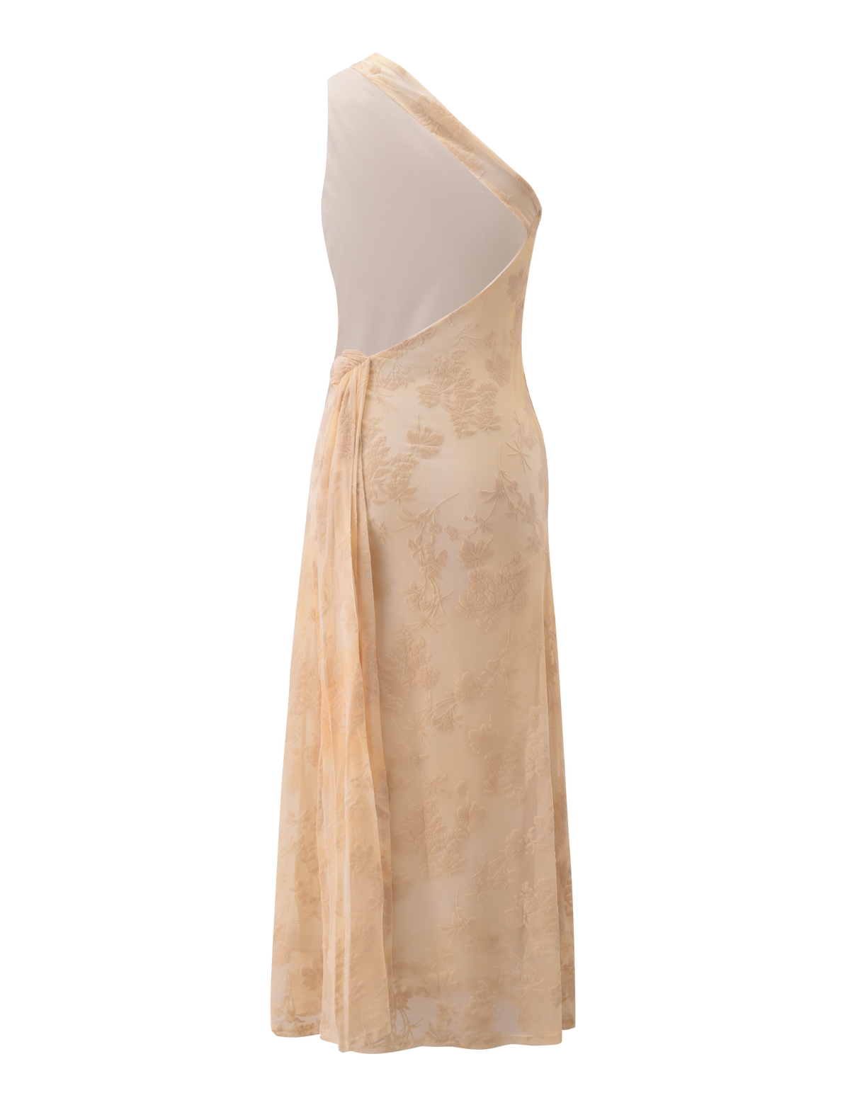 The TIGERMIST CHARLYSE ONE SHOULDER MAXI DRESS in butter yellow features a floral mesh design, one-shoulder neckline, sheer upper section, ruched waistband, and a flowing patterned skirt, shown on a plain white background.