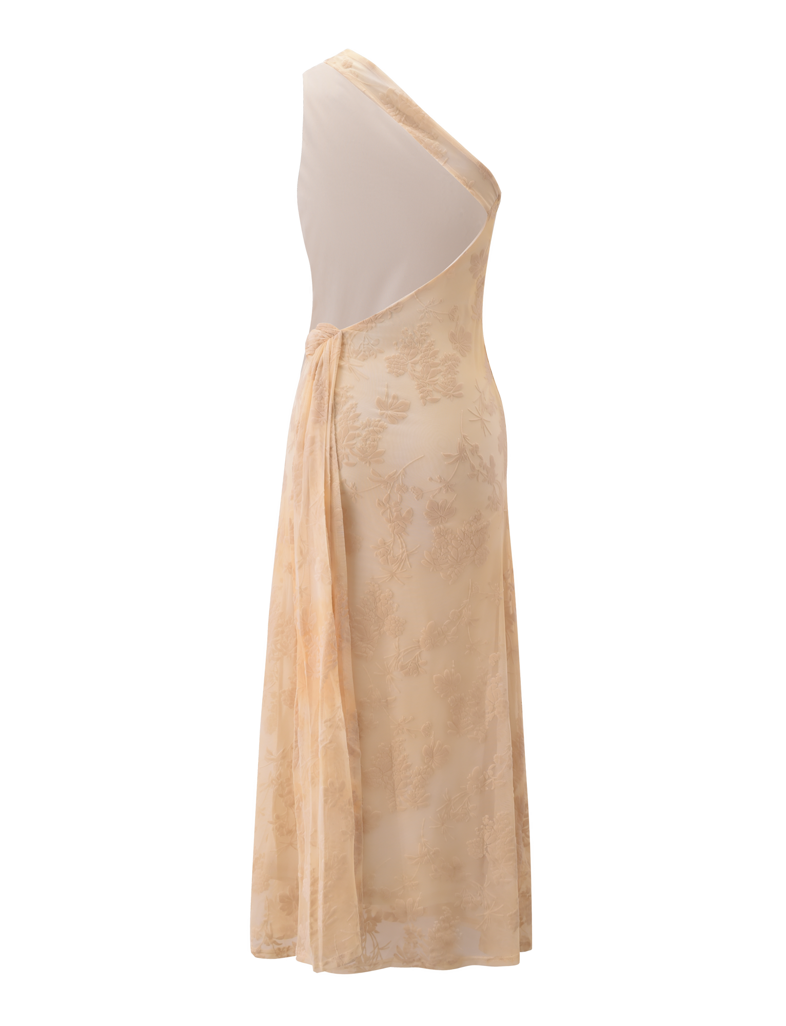 The TIGERMIST CHARLYSE ONE SHOULDER MAXI DRESS in butter yellow features a floral mesh design, one-shoulder neckline, sheer upper section, ruched waistband, and a flowing patterned skirt, shown on a plain white background.