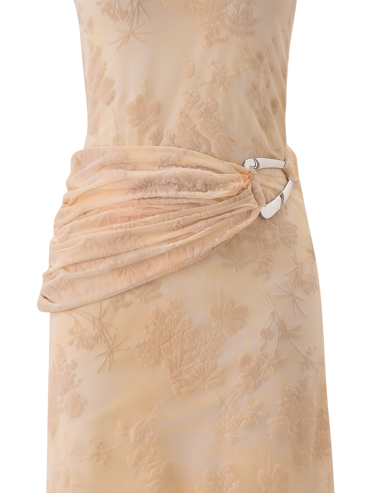 A close-up of TIGERMIST's CHARLYSE ONE SHOULDER MAXI DRESS in butter yellow, featuring floral mesh, an embossed pattern, and a draped waist sash secured with a shiny silver buckle.