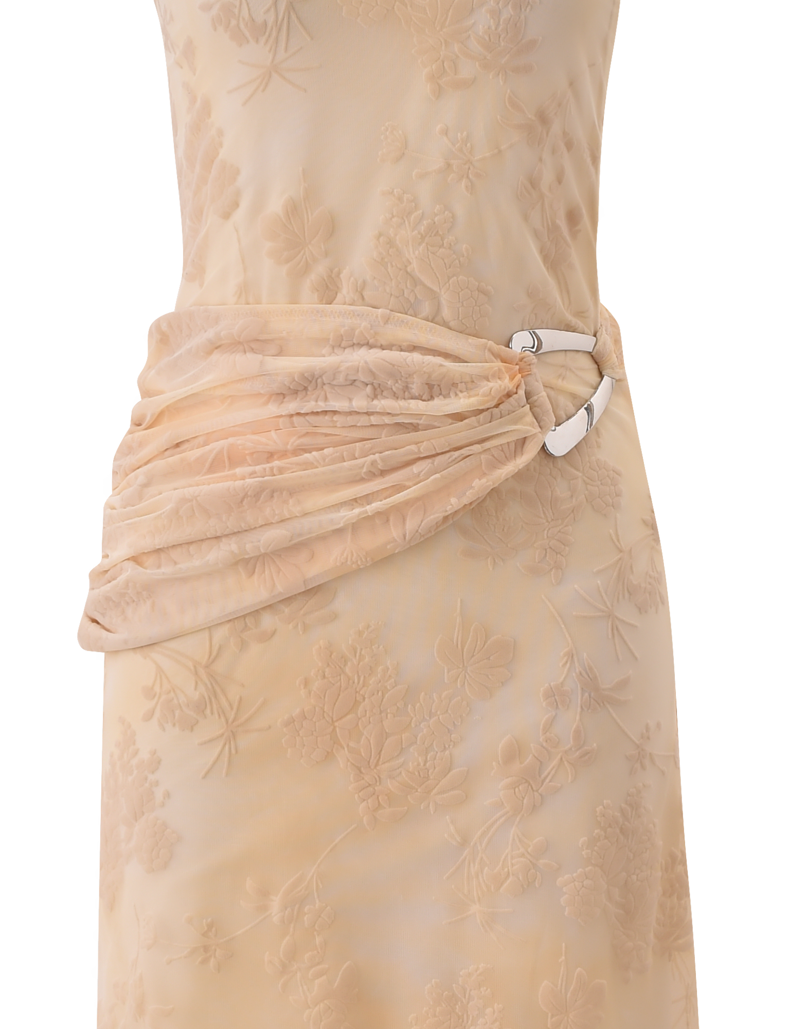 A close-up of TIGERMIST's CHARLYSE ONE SHOULDER MAXI DRESS in butter yellow, featuring floral mesh, an embossed pattern, and a draped waist sash secured with a shiny silver buckle.