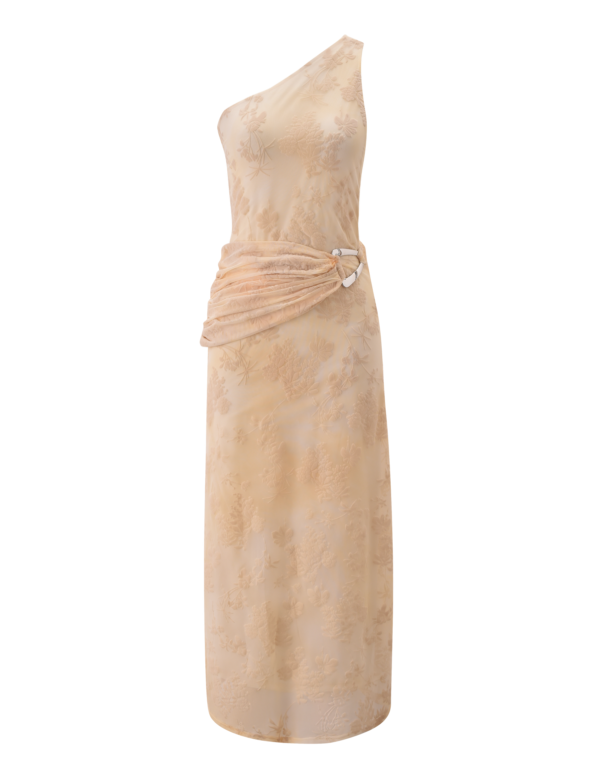 The CHARLYSE ONE SHOULDER MAXI DRESS by TIGERMIST comes in butter yellow, featuring a sleeveless one-shoulder neckline, subtle floral pattern, ruched waistband with metallic ring, and a straight ankle-length silhouette for an elegant look.