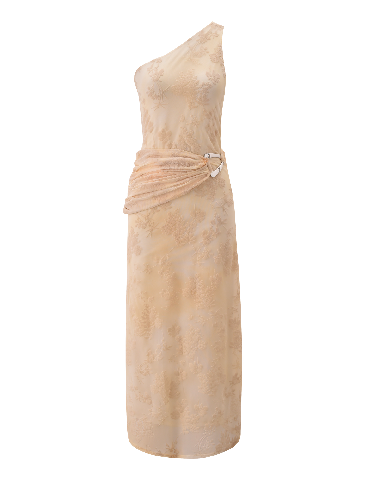 The CHARLYSE ONE SHOULDER MAXI DRESS by TIGERMIST comes in butter yellow, featuring a sleeveless one-shoulder neckline, subtle floral pattern, ruched waistband with metallic ring, and a straight ankle-length silhouette for an elegant look.