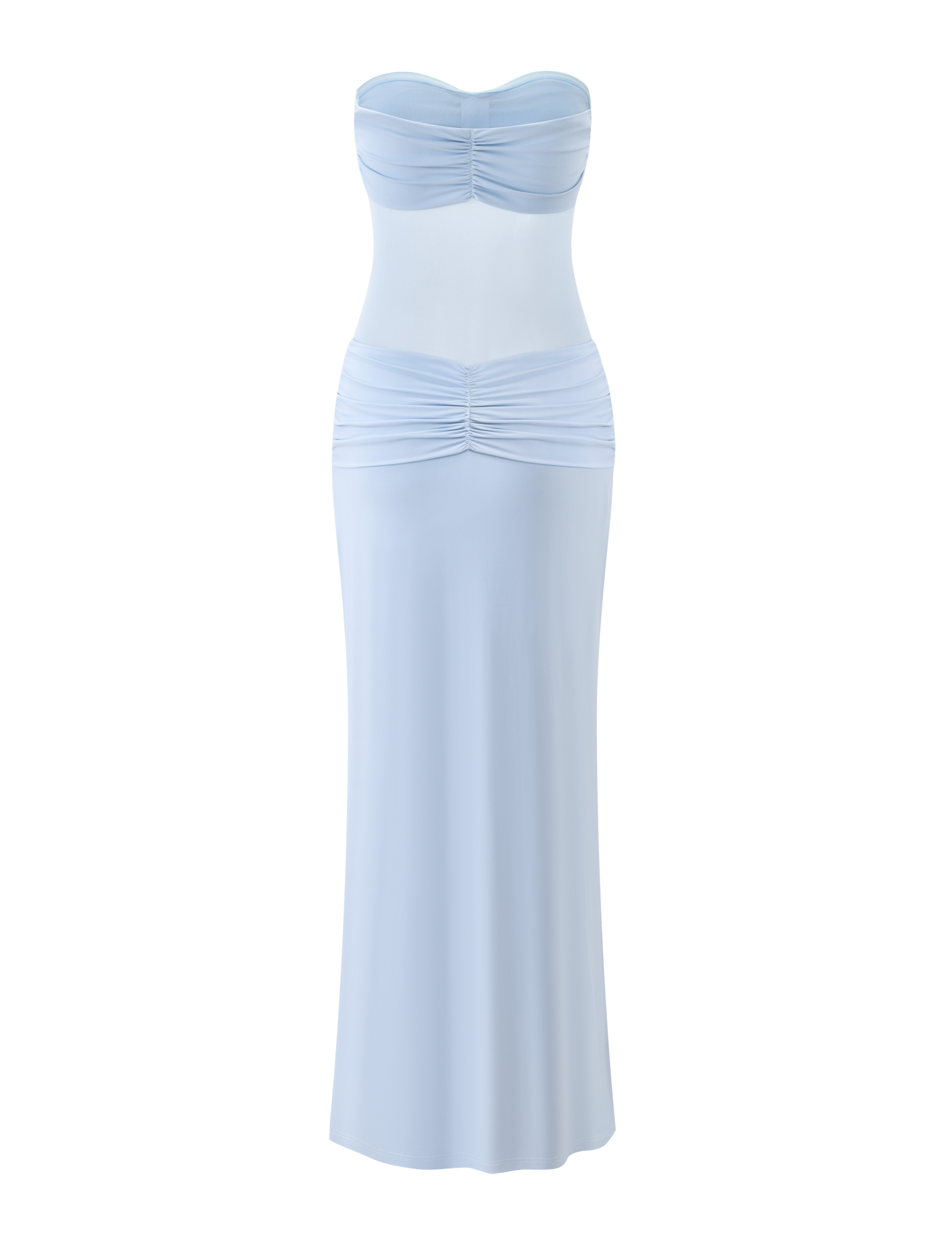 The TIGERMIST AIYANNA MAXI DRESS in light blue features a strapless, fitted bodice with ruching at the bust and hips, and a long straight skirt. Shown against a white background, this dress offers an elegant silhouette.
