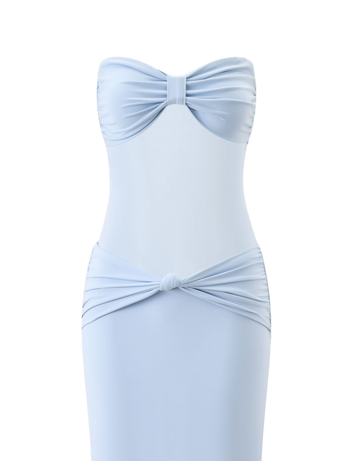 The TIGERMIST AIYANNA MAXI DRESS in light blue is a strapless maxi with a sweetheart neckline and gathered, knotted details at the bust and hips, styled like a bow-tie knot, displayed on a plain white background.