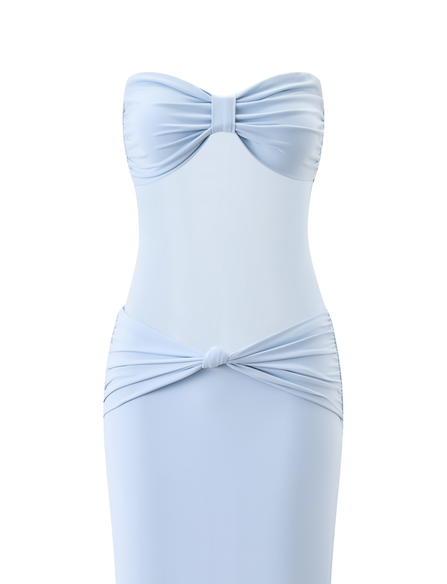 The TIGERMIST AIYANNA MAXI DRESS in light blue is a strapless maxi with a sweetheart neckline and gathered, knotted details at the bust and hips, styled like a bow-tie knot, displayed on a plain white background.