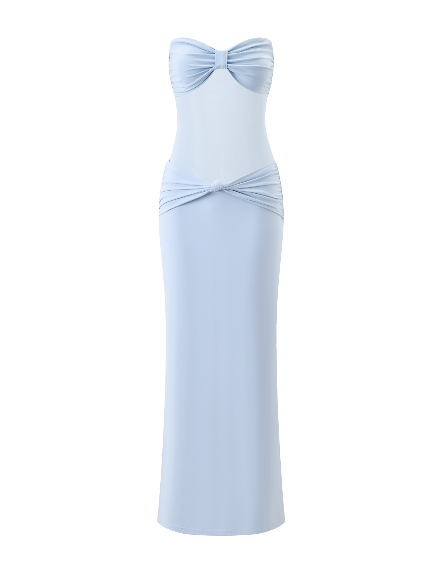 The AIYANNA MAXI DRESS by TIGERMIST features a strapless, floor-length light blue design with gathered bow-tie knot details at the bust and hips for a fitted, sleek, and elegant silhouette.