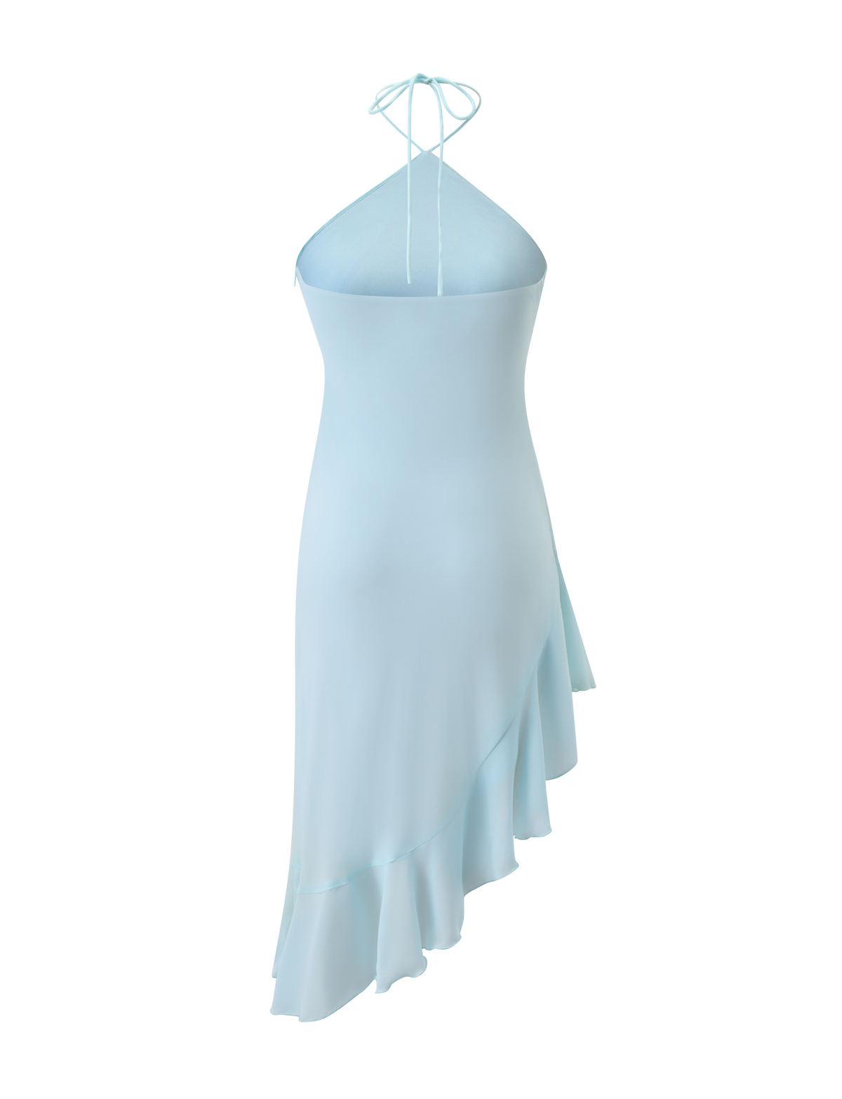 The TIGERMIST ELARINA MIDI DRESS in Mermaid Blue features a halter neck, asymmetrical hem, ruffled trim, fitted bodice, and tie straps—shown on a white background.