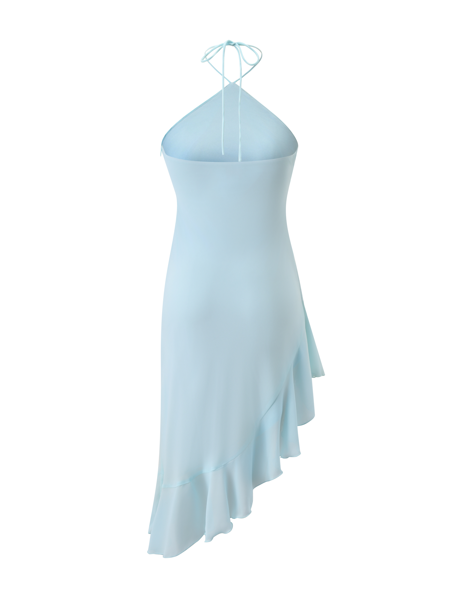 The TIGERMIST ELARINA MIDI DRESS in Mermaid Blue features a halter neck, asymmetrical hem, ruffled trim, fitted bodice, and tie straps—shown on a white background.