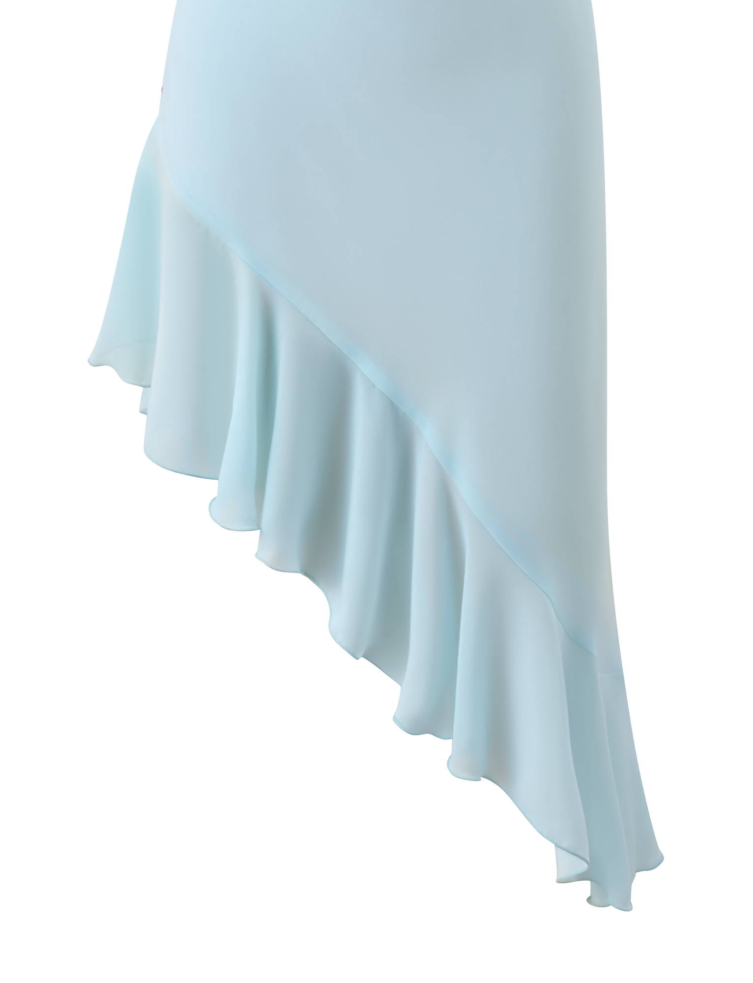 Close-up of the TIGERMIST ELARINA MIDI DRESS in Mermaid Blue, featuring soft, flowing fabric with a ruffled edge, asymmetrical hemline, and graceful draping for a delicate and feminine look.