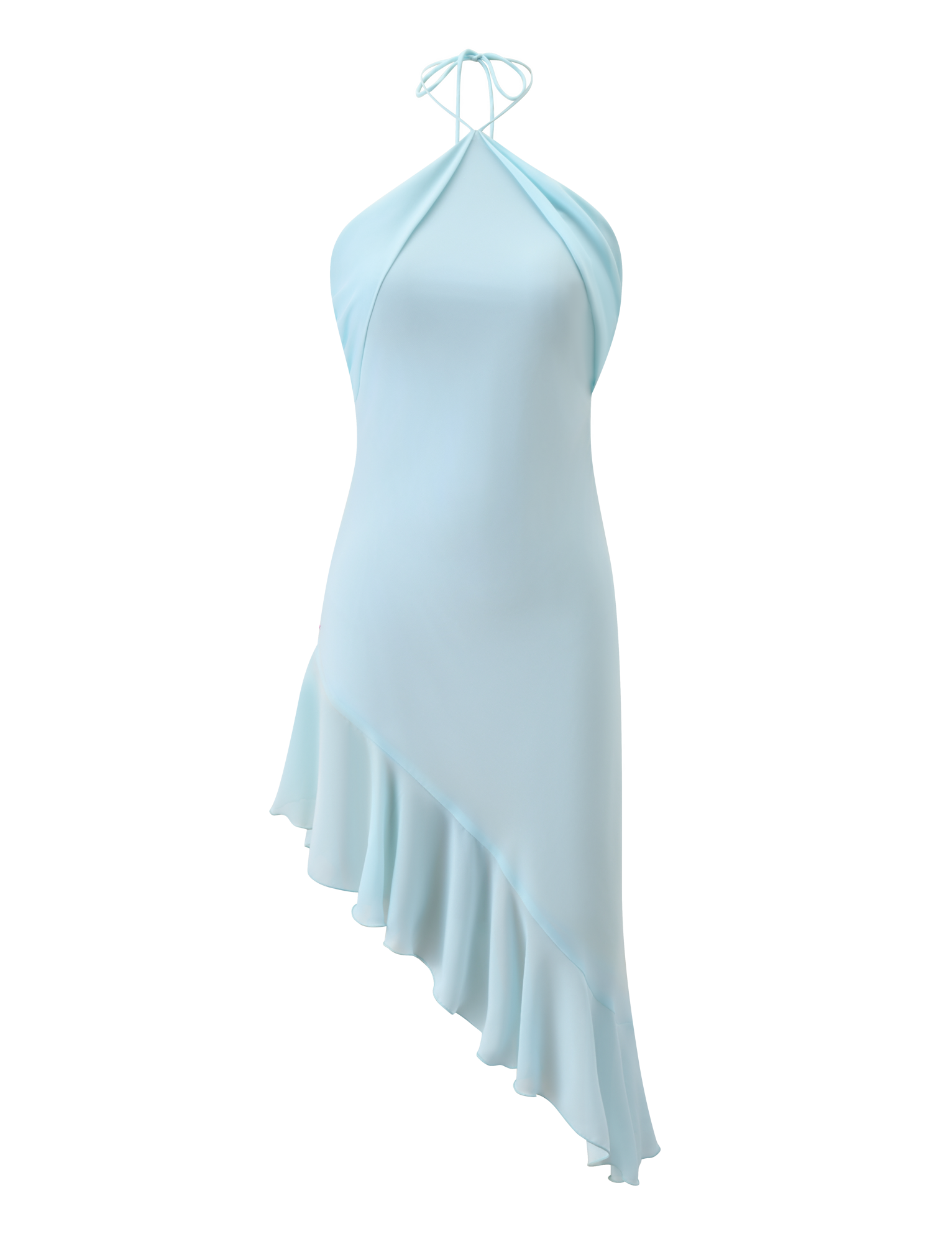 The TIGERMIST ELARINA MIDI DRESS in Mermaid Blue is a chic halter-neck dress with an asymmetrical hemline and ruffled detailing, shown against a plain white background.