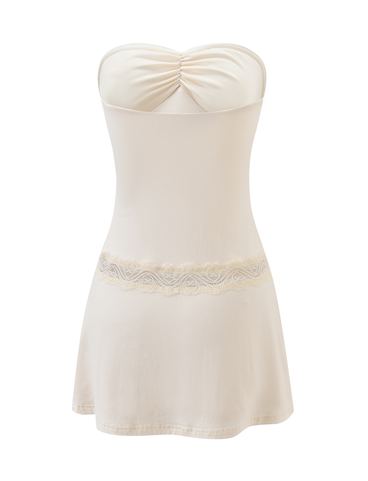 The DELARA DRESS - CREAM by TIGERMIST is a strapless, figure-hugging mini dress with a ruched bust and delicate lace waist insert, shown against a plain white background.