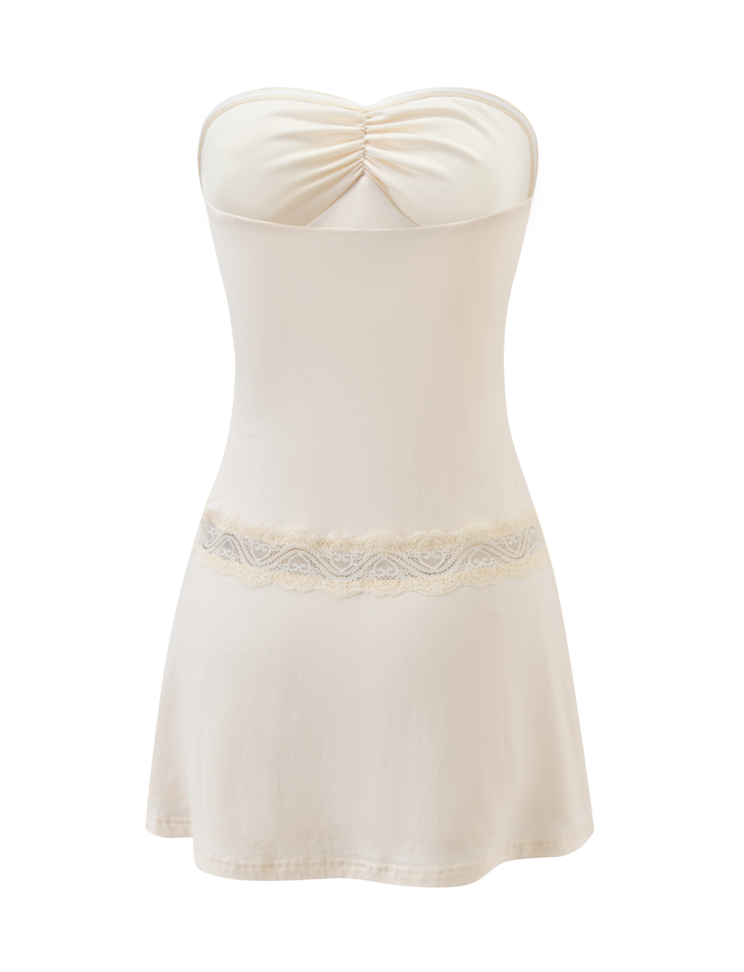 The DELARA DRESS - CREAM by TIGERMIST is a strapless, figure-hugging mini dress with a ruched bust and delicate lace waist insert, shown against a plain white background.