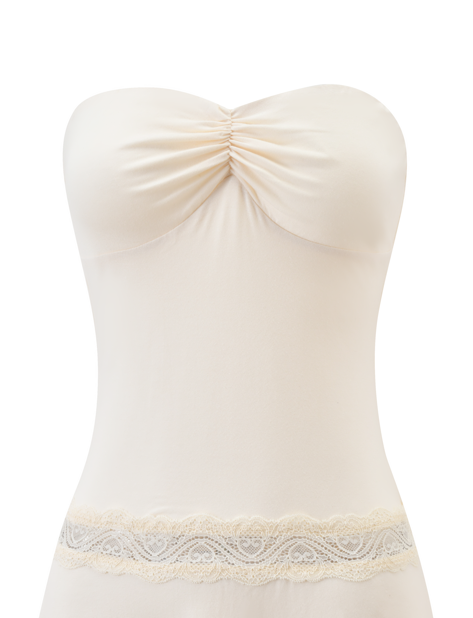 A close-up of the TIGERMIST DELARA DRESS in cream, a strapless mini dress featuring bust ruching, a lace waist insert, and a figure-hugging silhouette.