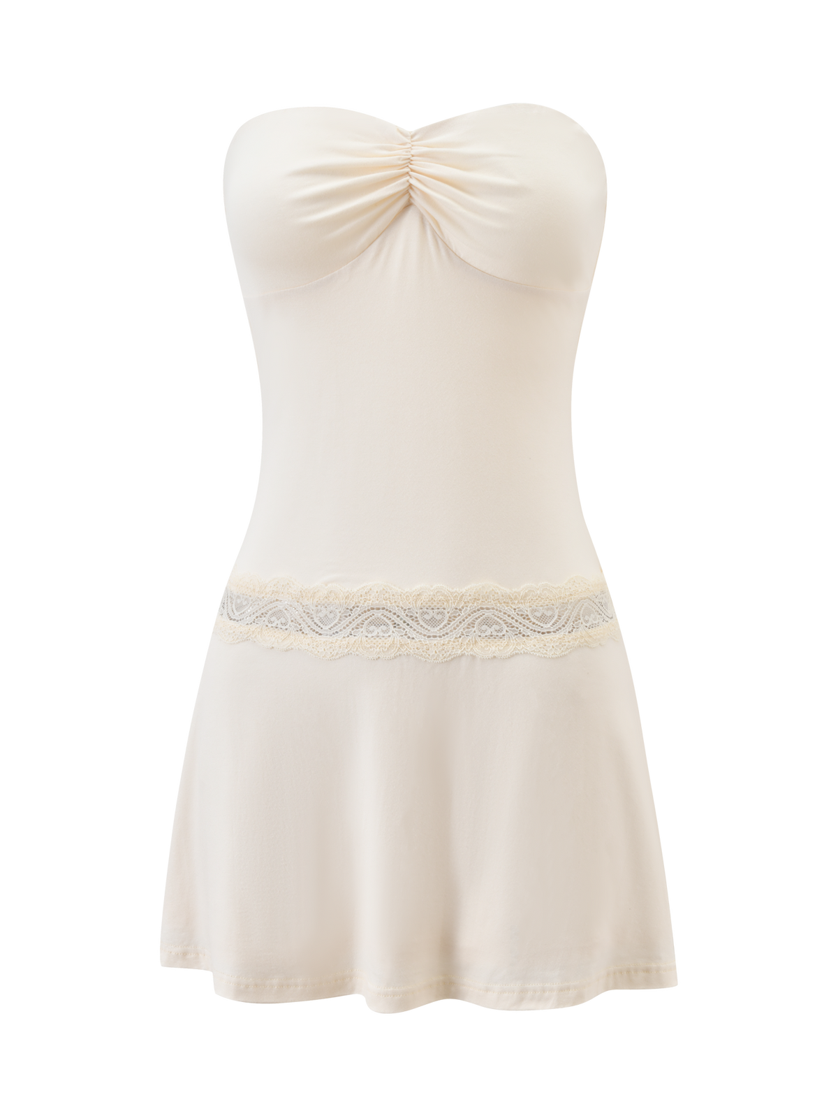 The DELARA DRESS - CREAM by TIGERMIST is a strapless mini dress with a figure-hugging fit, ruched bust, and delicate lace waist insert, shown on a white background.