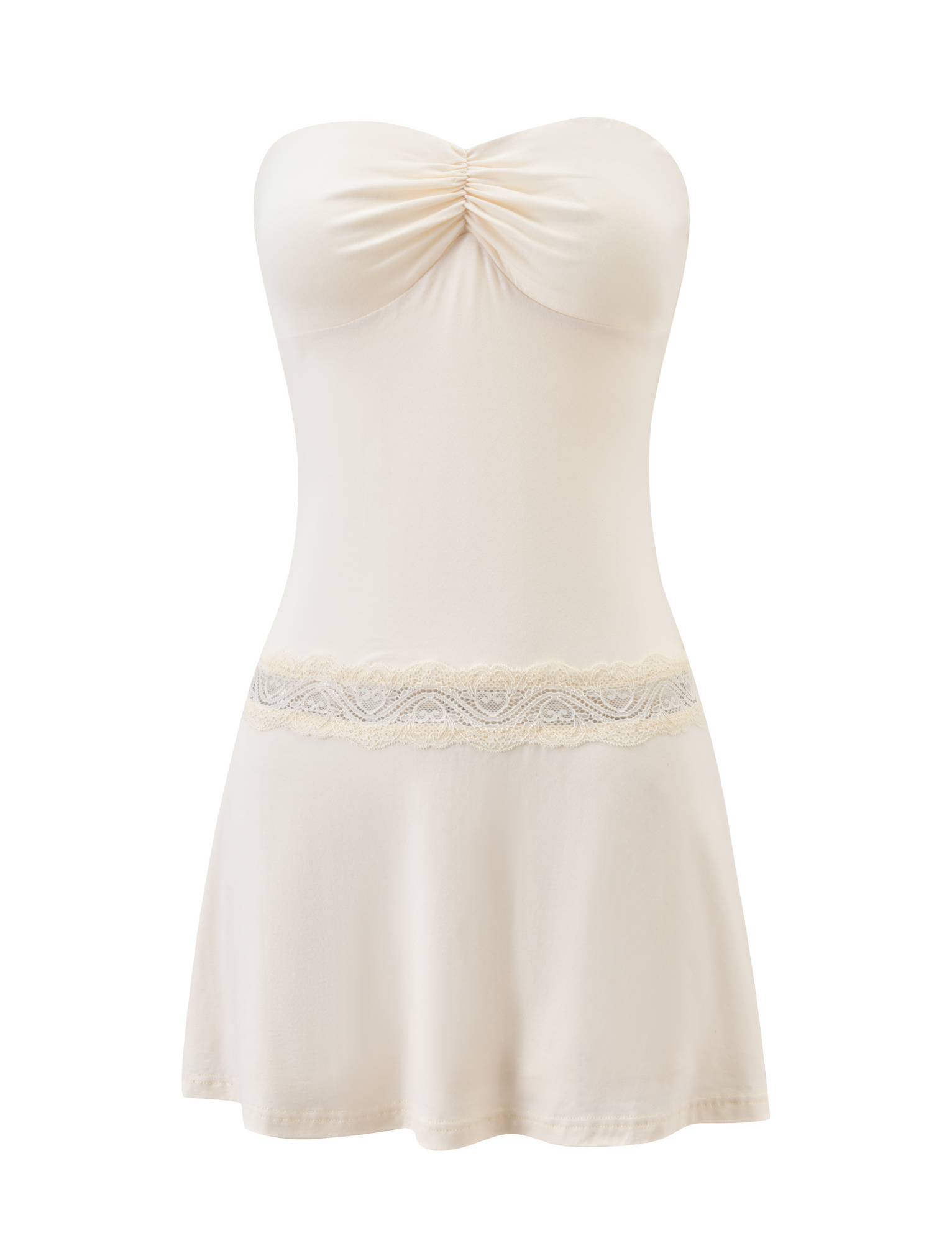 The DELARA DRESS - CREAM by TIGERMIST is a strapless mini dress with a figure-hugging fit, ruched bust, and delicate lace waist insert, shown on a white background.