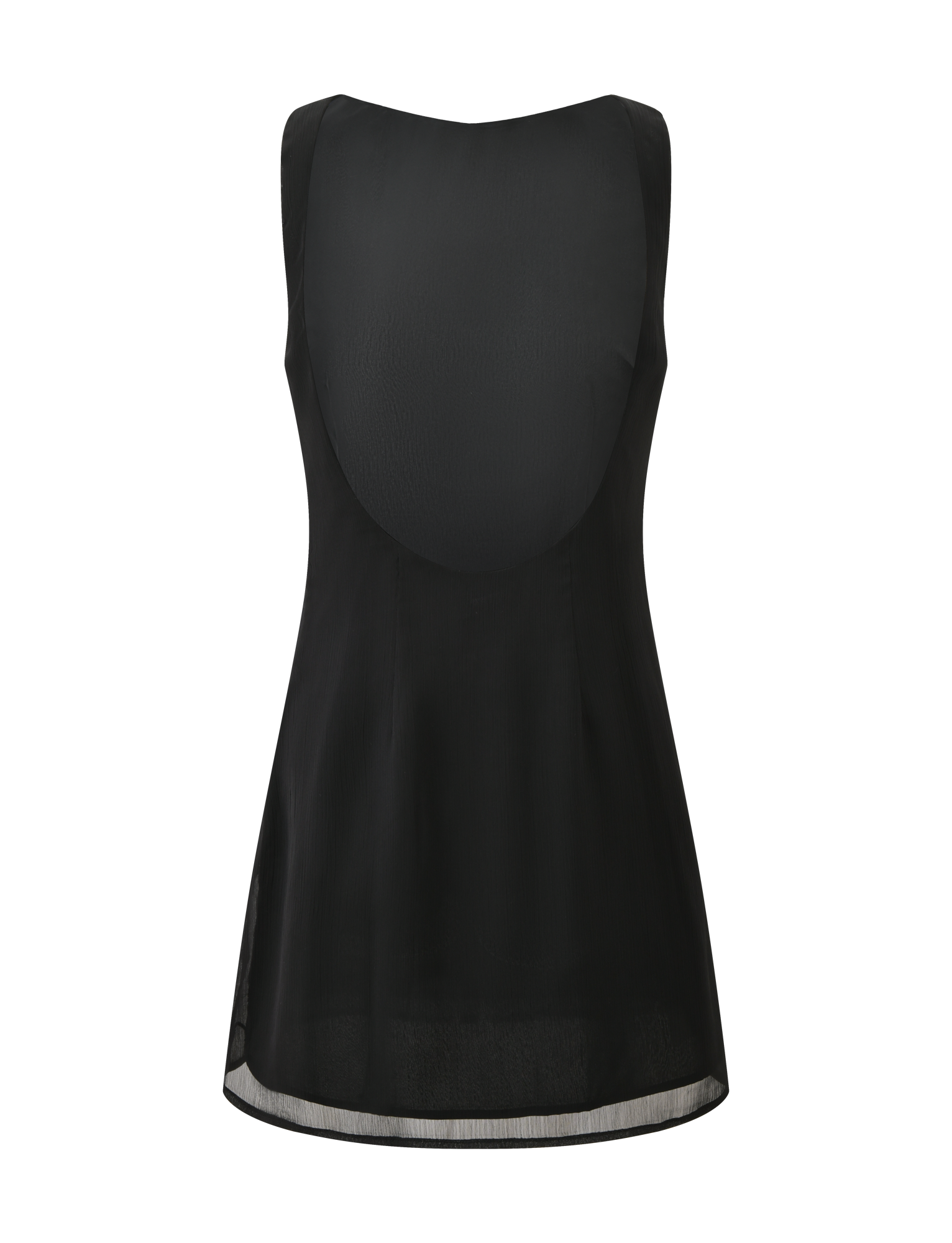 The KAELIE MINI DRESS by TIGERMIST is a sleeveless black tunic with a scoop neckline and flared hem, made from lightweight semi-sheer chiffon for an effortlessly chic style.