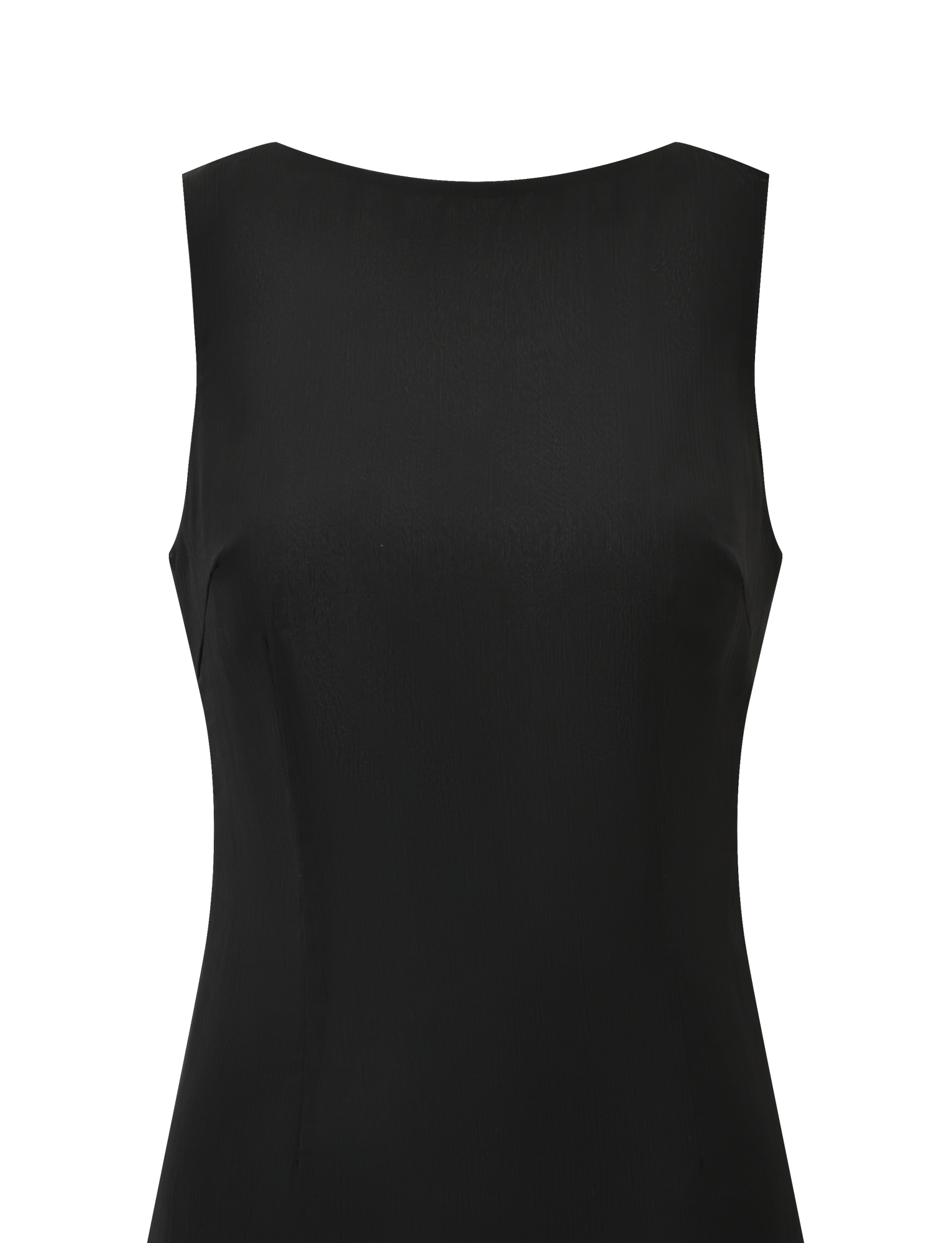The KAELIE MINI DRESS by TIGERMIST features a sleek black design with a high, straight neckline and fitted bodice, shown against a plain white background.