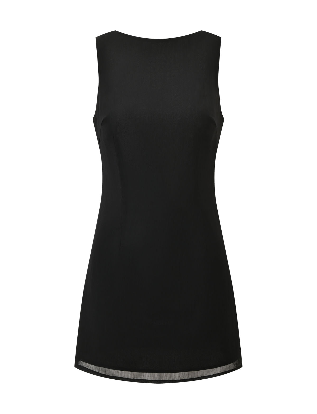 The KAELIE MINI DRESS by TIGERMIST is a sleeveless black mini dress with a fitted silhouette, straight hem, and high round neckline. Made from smooth, lightweight fabric for effortless style.