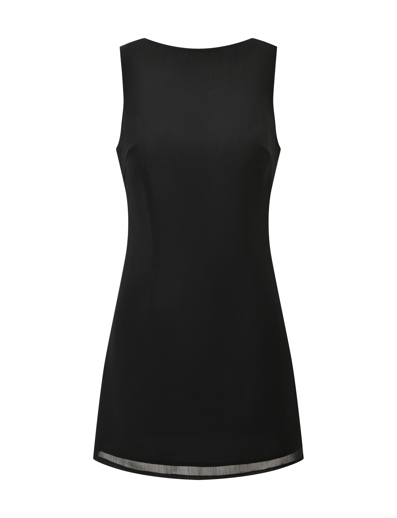 The KAELIE MINI DRESS by TIGERMIST is a sleeveless black mini dress with a fitted silhouette, straight hem, and high round neckline. Made from smooth, lightweight fabric for effortless style.